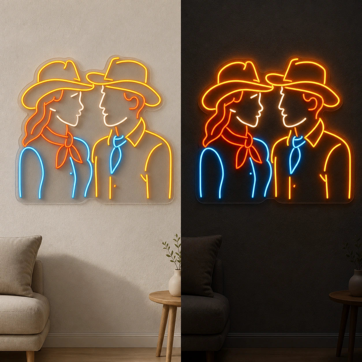 Cowgirl And Cowboy Vintage LED Neon Sign day and night comparison