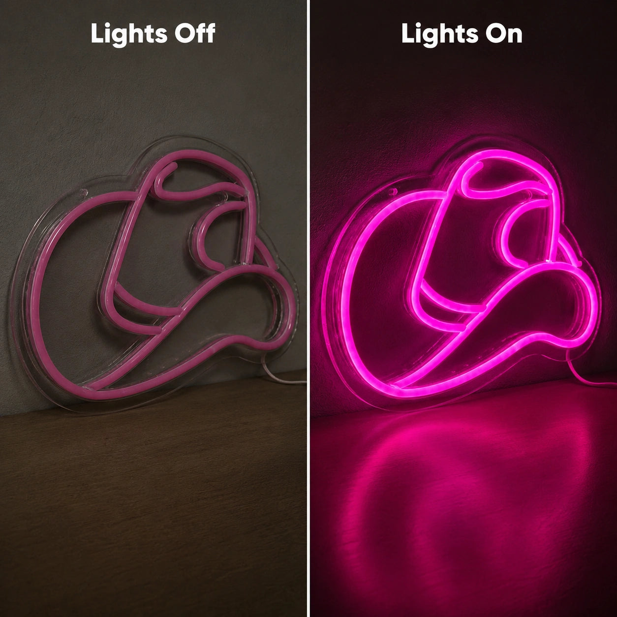 Cowgirl Hat Outline Neon Sign LED Neon Sign day and night comparison