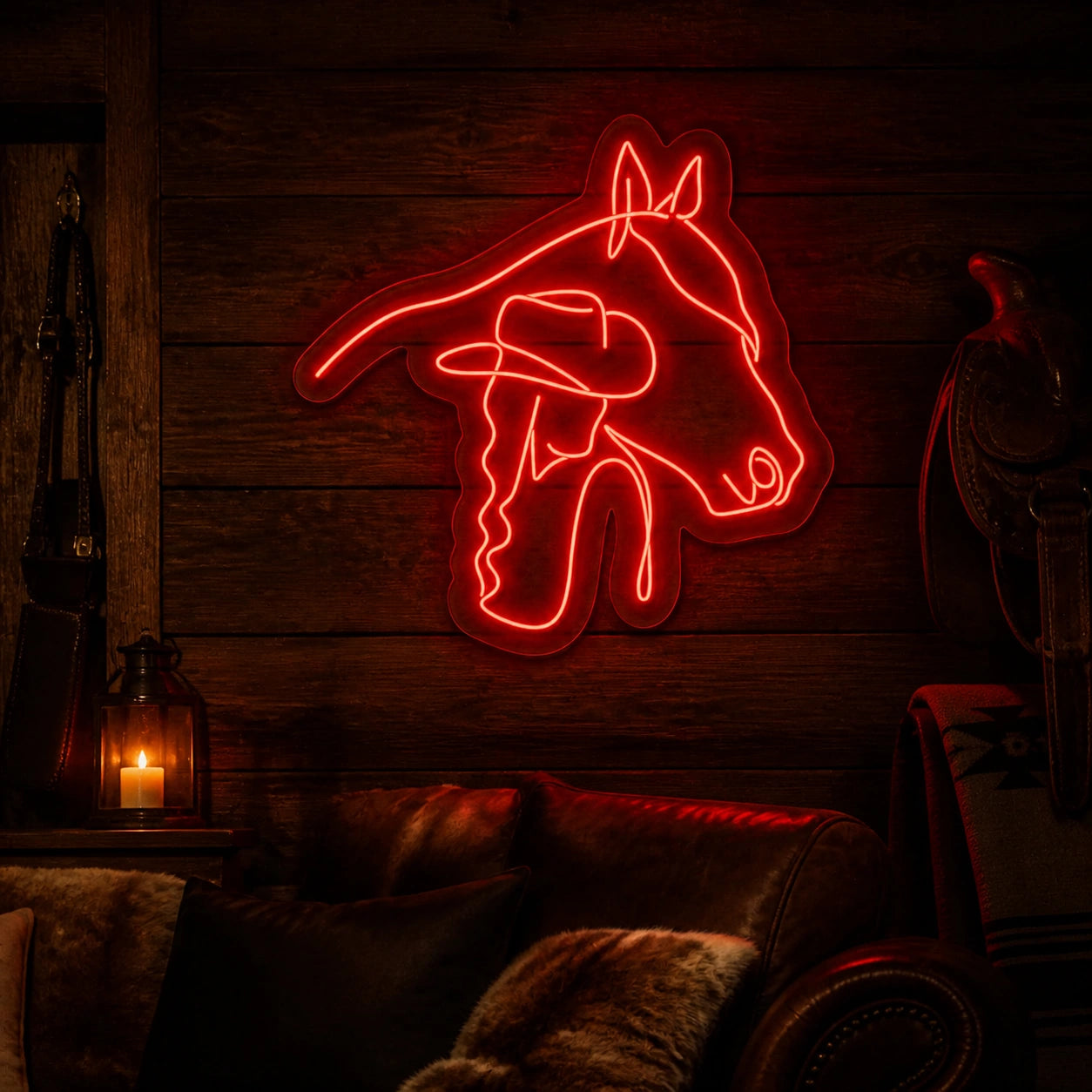 Cowgirl Horse Line Art Vintage LED Neon Sign real lifestyle scene