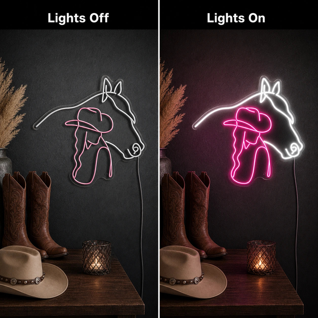 Cowgirl Horse Neon Sign LED Neon Sign day and night comparison