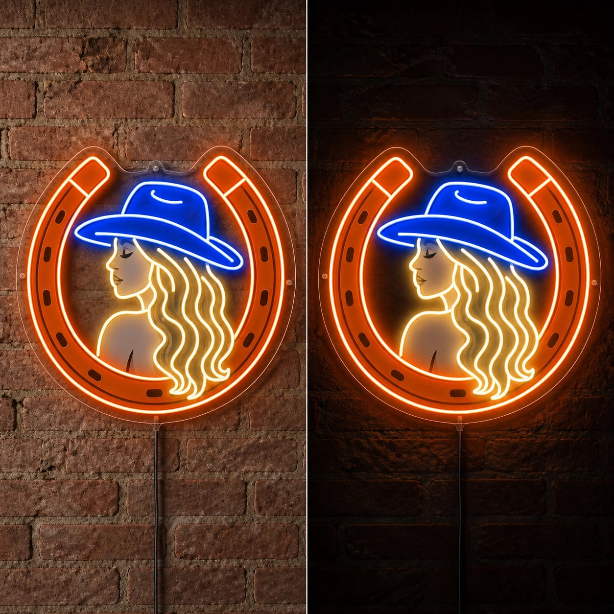 Cowgirl Horseshoe Brick Wall Vintage LED Neon Sign day and night comparison