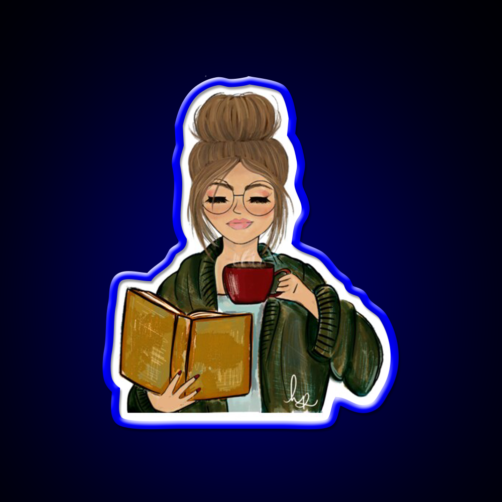 Cozy Fall Girl With Book And Coffee Cafe Led Neon Sign Espresso Bar Art Rgb Color