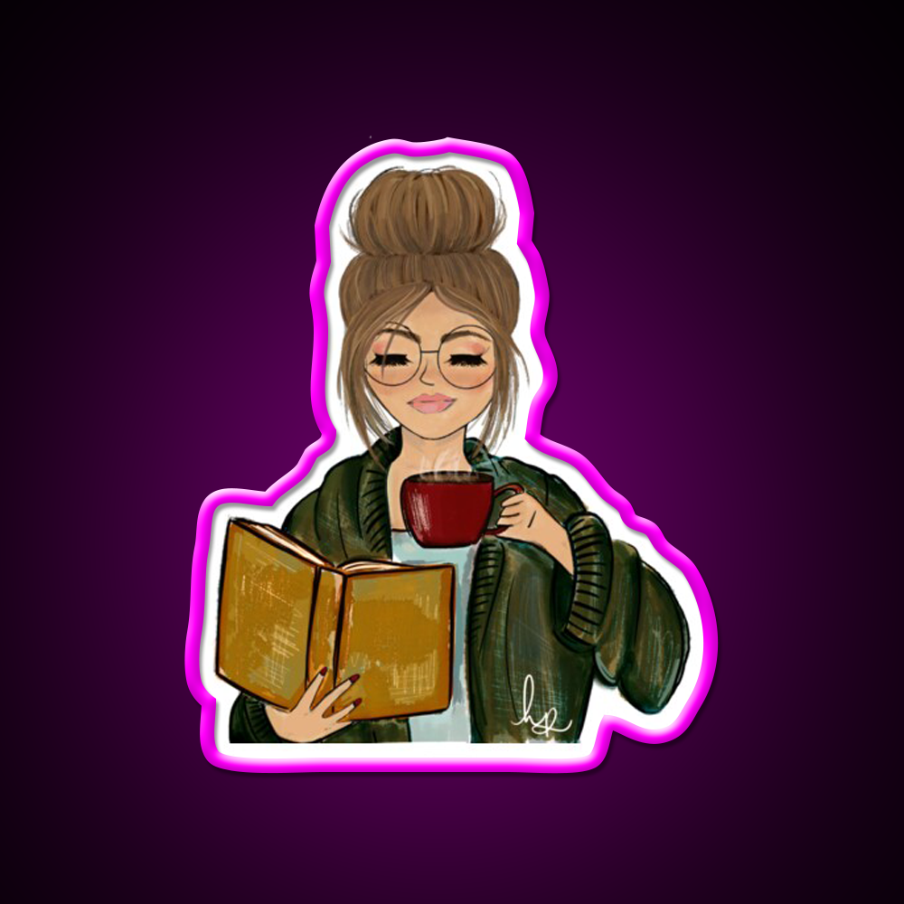 Cozy Fall Girl With Book And Coffee Cafe Led Neon Sign Espresso Bar Art Rgb Color