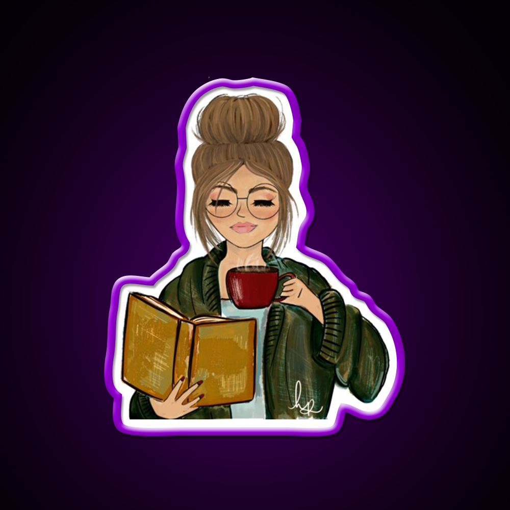 Cozy Fall Girl With Book And Coffee Cafe Led Neon Sign Espresso Bar Art Rgb Color