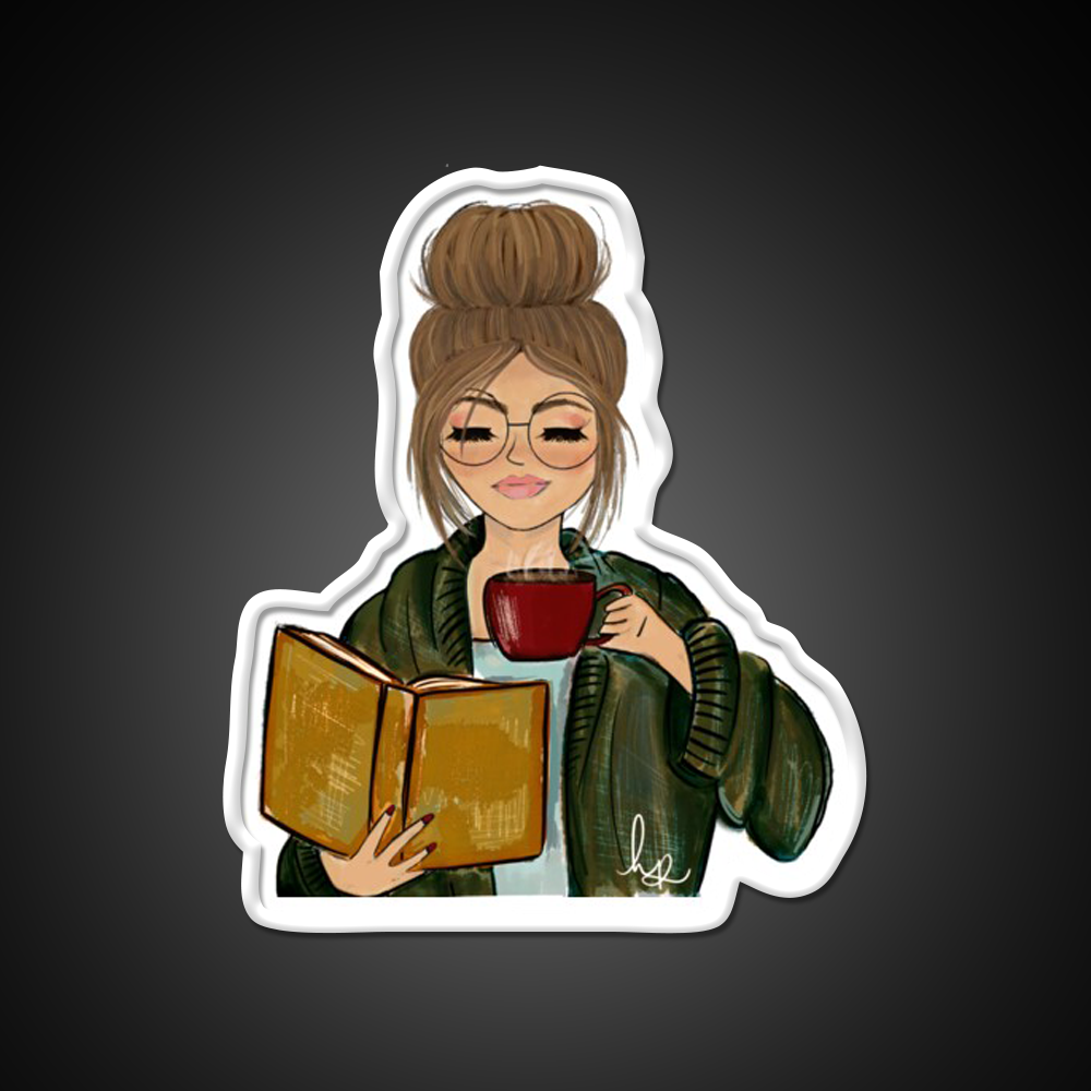 Cozy Fall Girl With Book And Coffee Cafe Led Neon Sign Espresso Bar Art Rgb Color