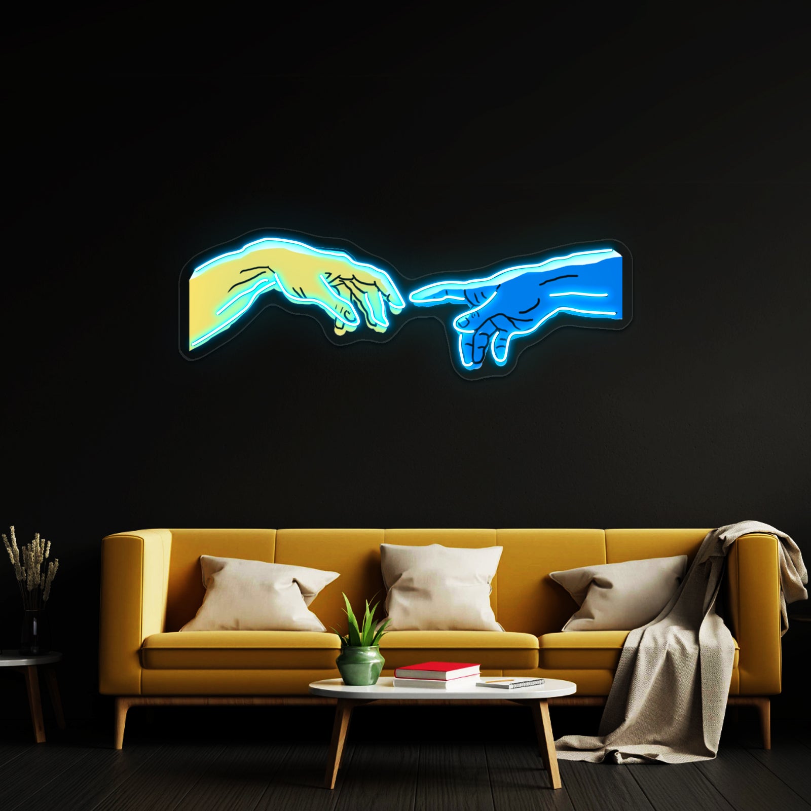 Creation Of Adam In Blue And Yellow Artwork Business Led Sign