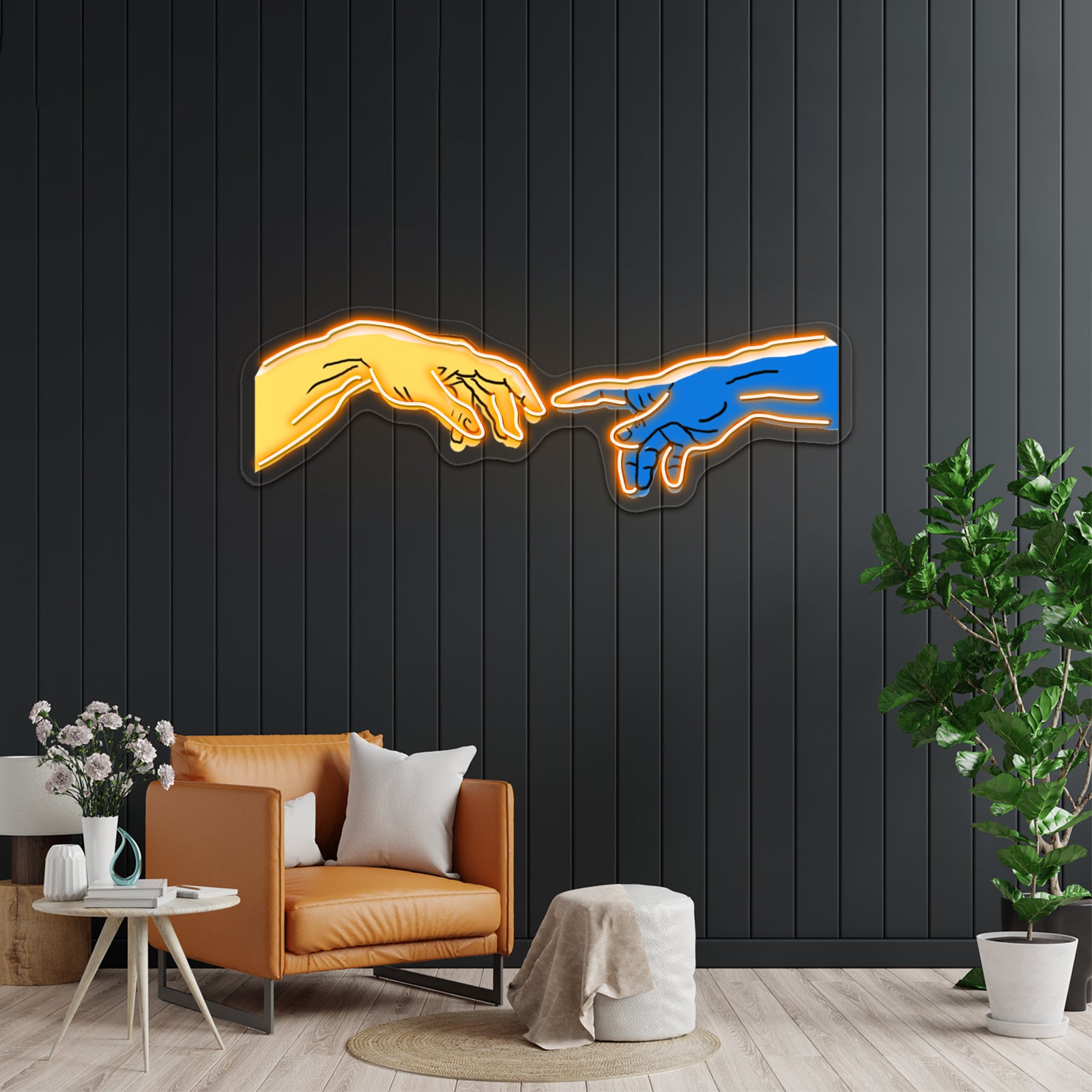 Creation Of Adam In Blue And Yellow Artwork Business Led Sign
