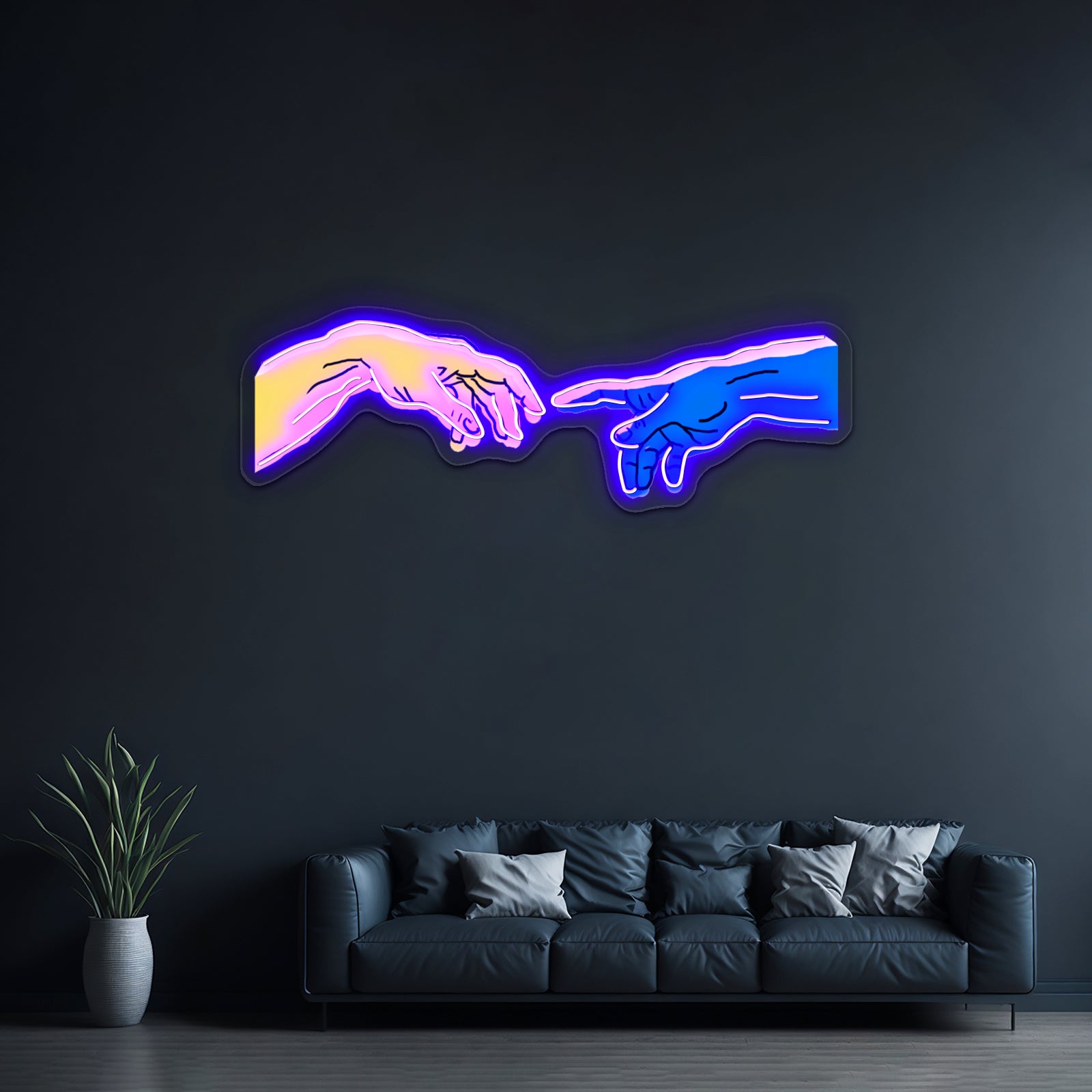 Creation Of Adam In Blue And Yellow Artwork Business Led Sign