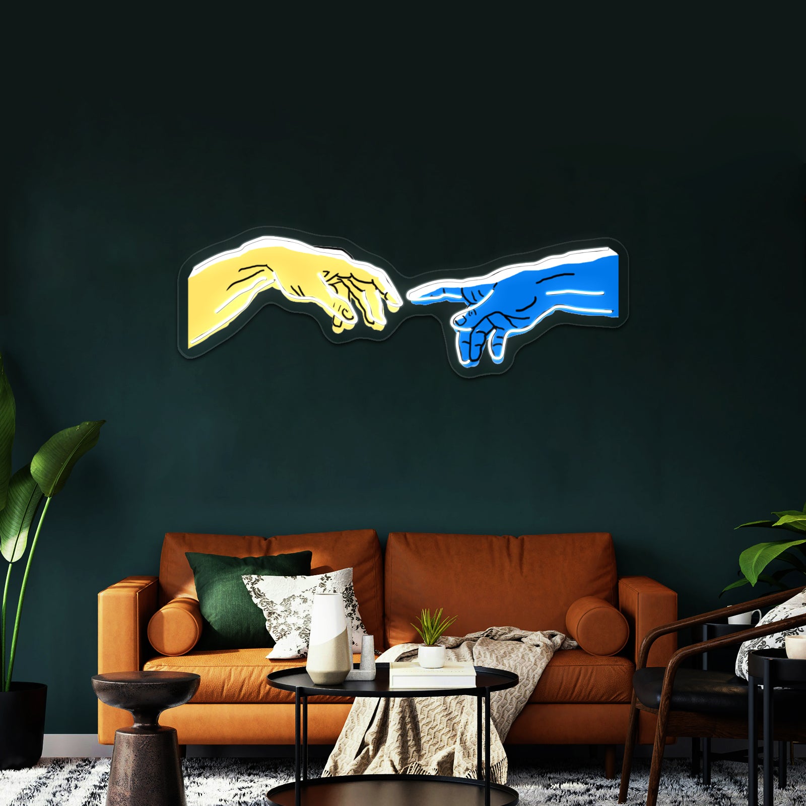 Creation Of Adam In Blue And Yellow Artwork Business Led Sign