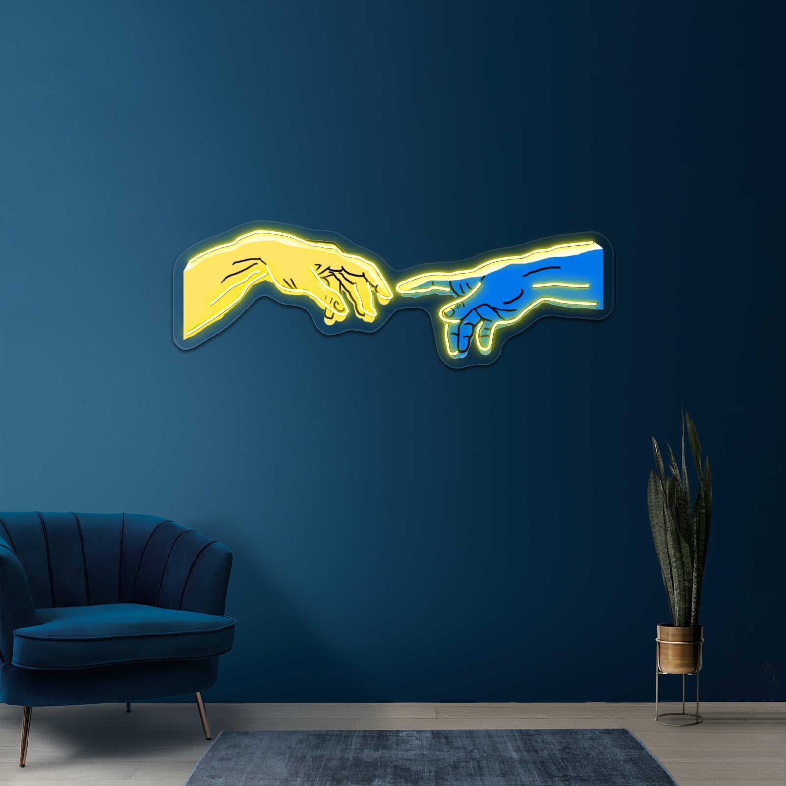 Creation Of Adam In Blue And Yellow Artwork Business Led Sign