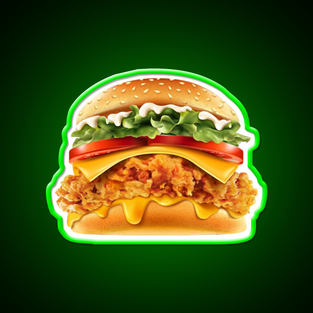Crispy Chicken Burger With Cheese Fast Food Led Neon Sign For Burger Place Rgb Color