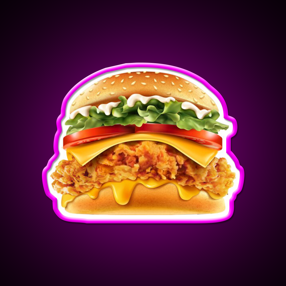 Crispy Chicken Burger With Cheese Fast Food Led Neon Sign For Burger Place Rgb Color