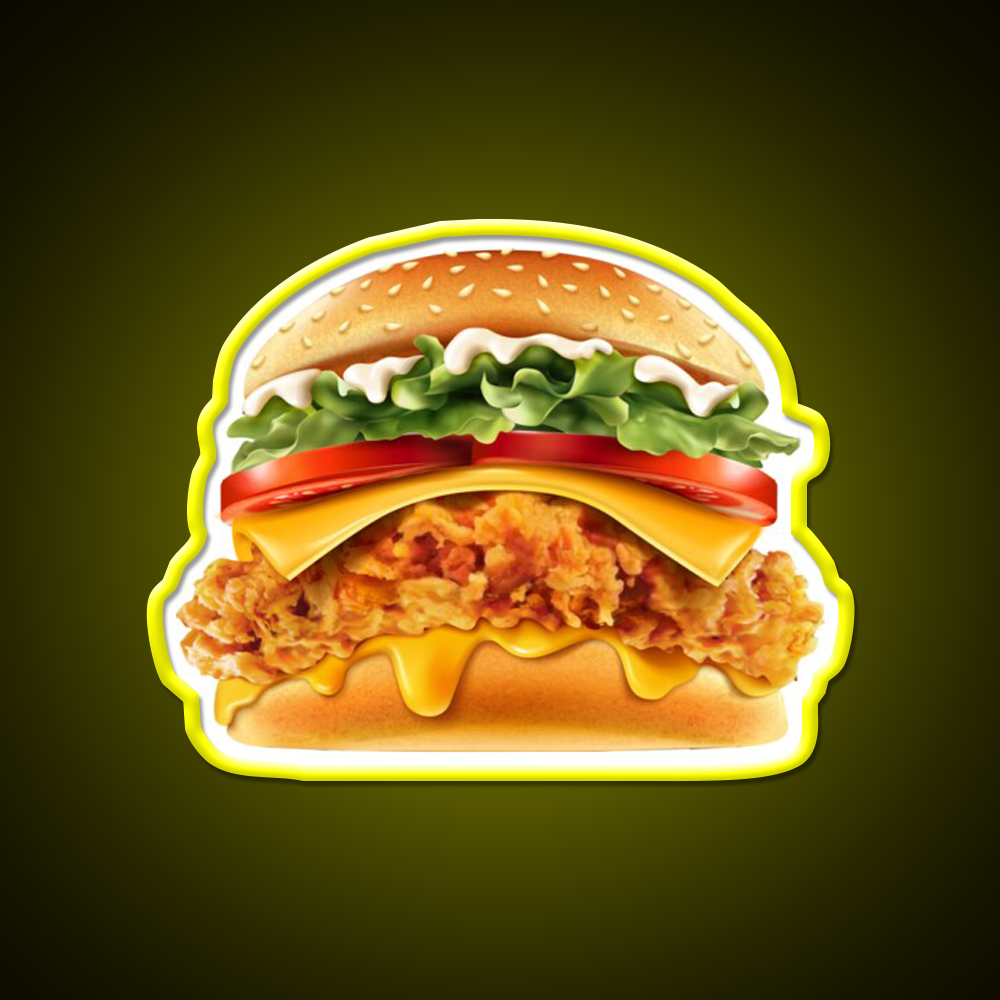 Crispy Chicken Burger With Cheese Fast Food Led Neon Sign For Burger Place Rgb Color