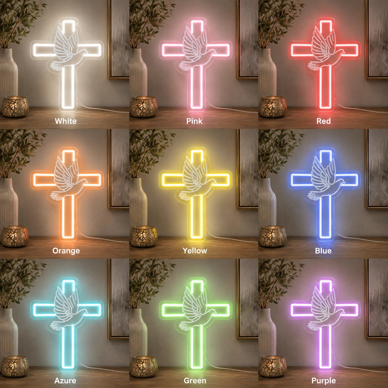 Cross And Dove LED Neon Sign day and night comparison
