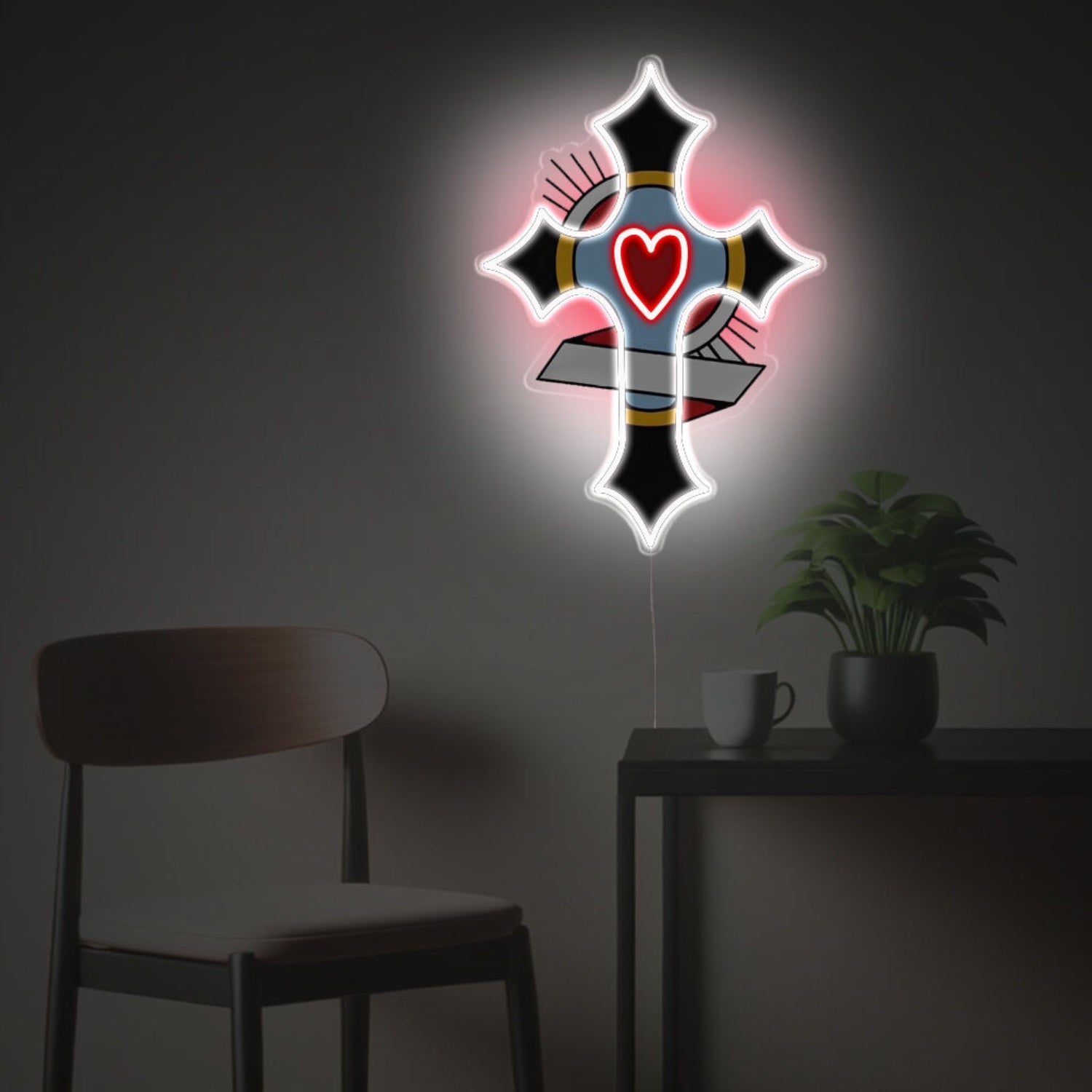 Cross With Red Heart Led Neon Acrylic Artwork | Shineneon