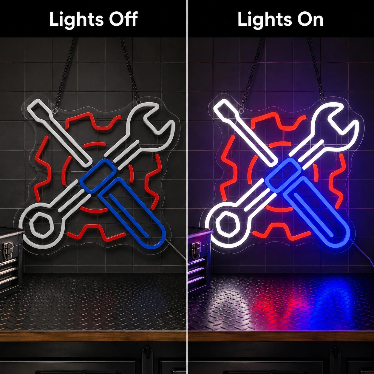 Crossed Mechanic Tools Gear LED Neon Sign Garage Neon Sign day and night comparison