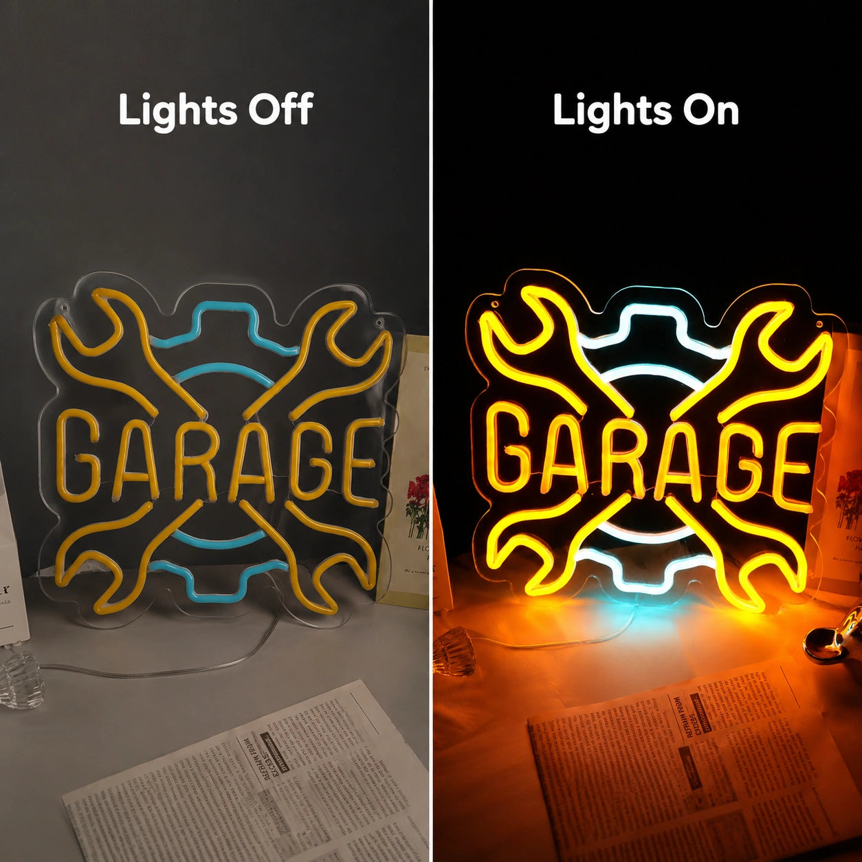 Crossed Wrenches Garage Neon Sign LED Neon Sign day and night comparison