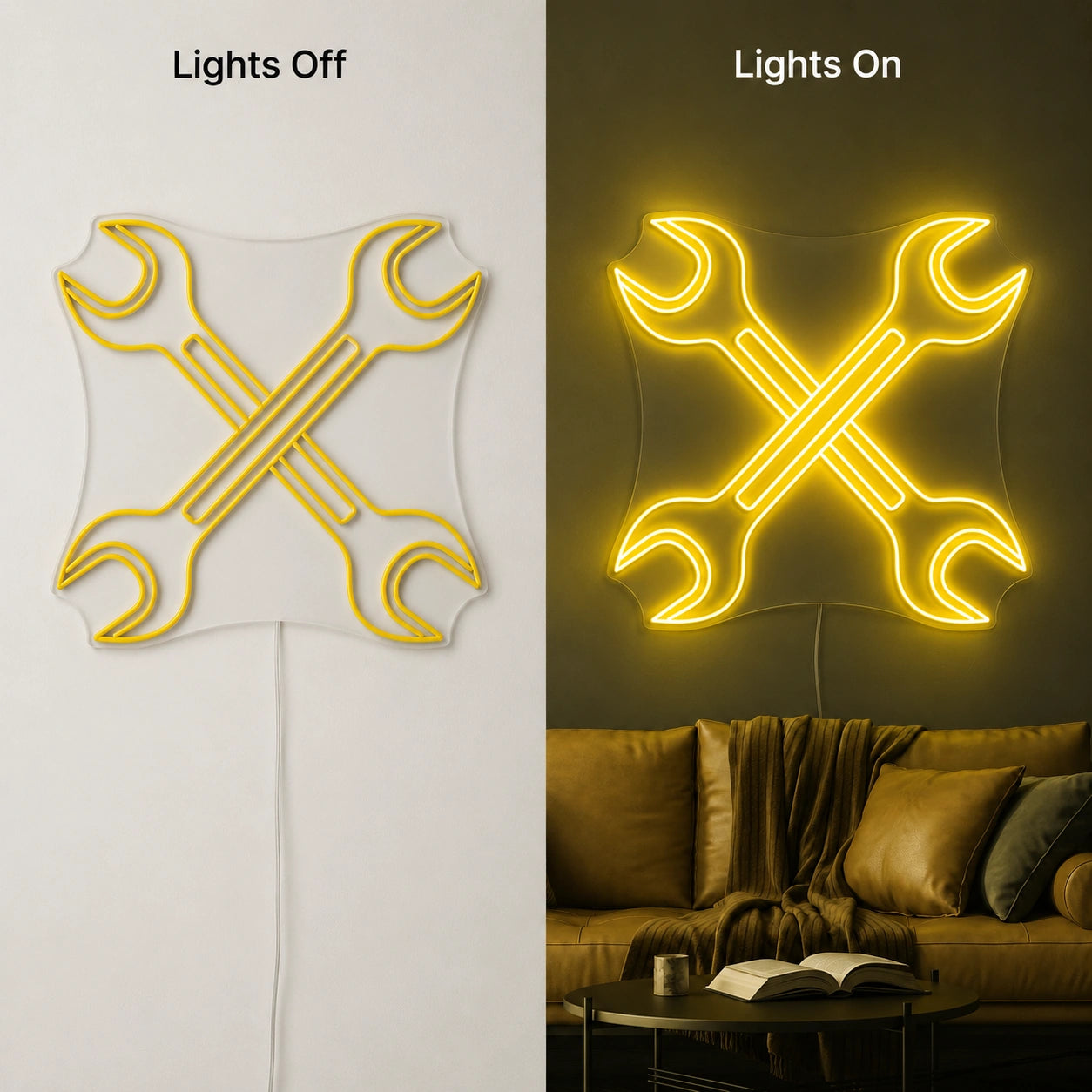 Crossed Wrenches Neon Sign LED Neon Sign day and night comparison