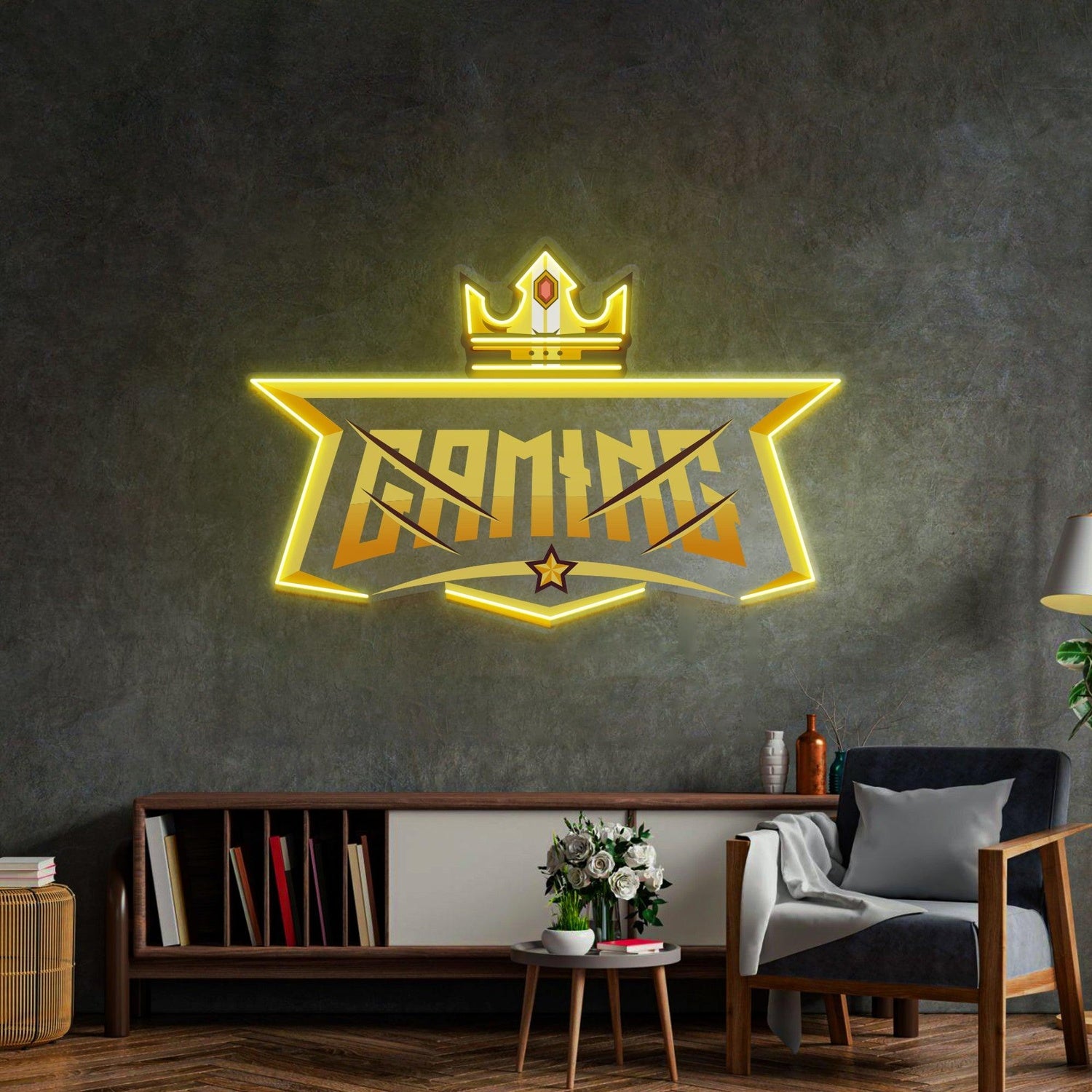 Crown Gaming Uv Printed Led Neon Sign With Yellow Glow And Red Star Accent For Gaming Room | Shineneon
