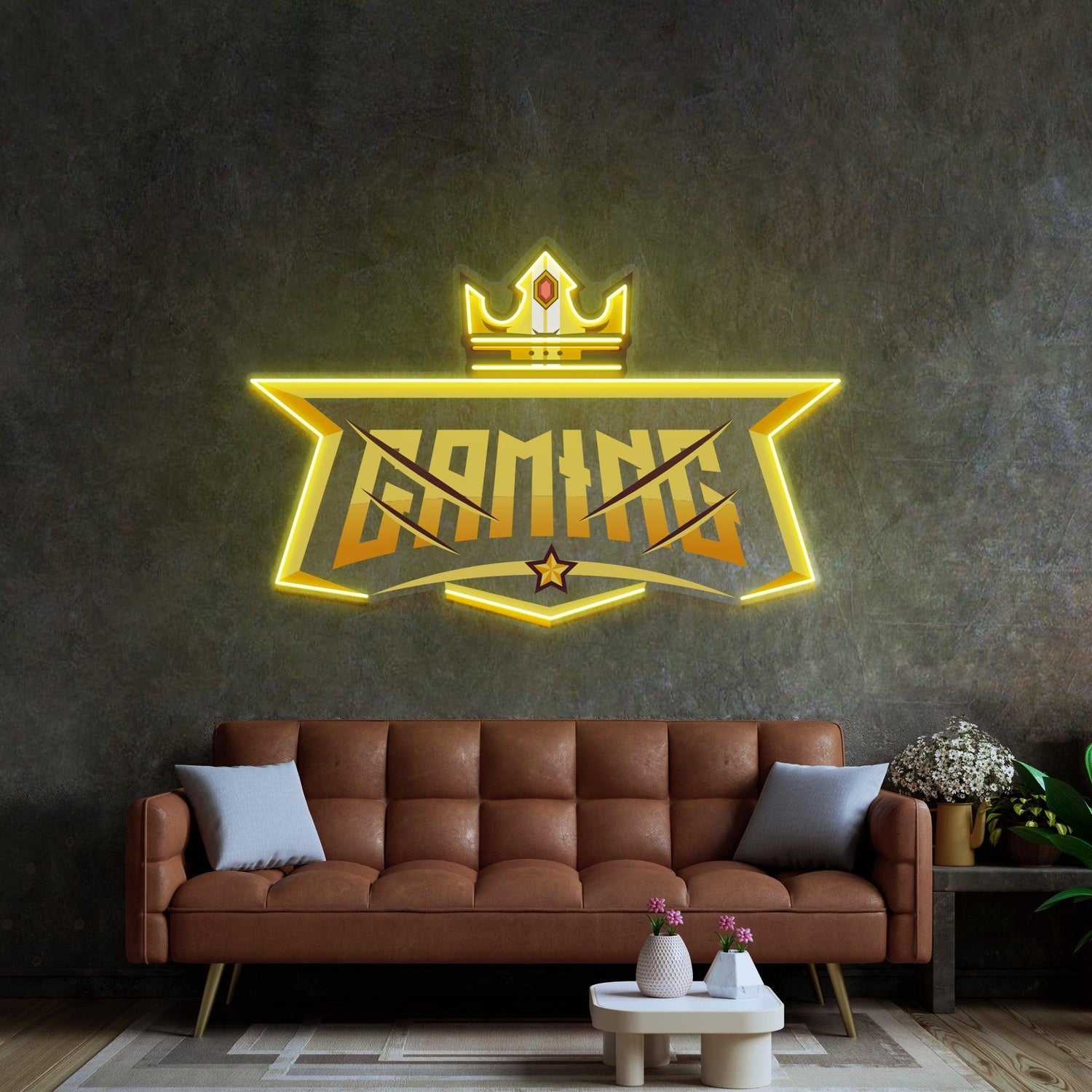 Crown Gaming Uv Printed Led Neon Sign With Yellow Glow And Red Star Accent For Gaming Room | Shineneon
