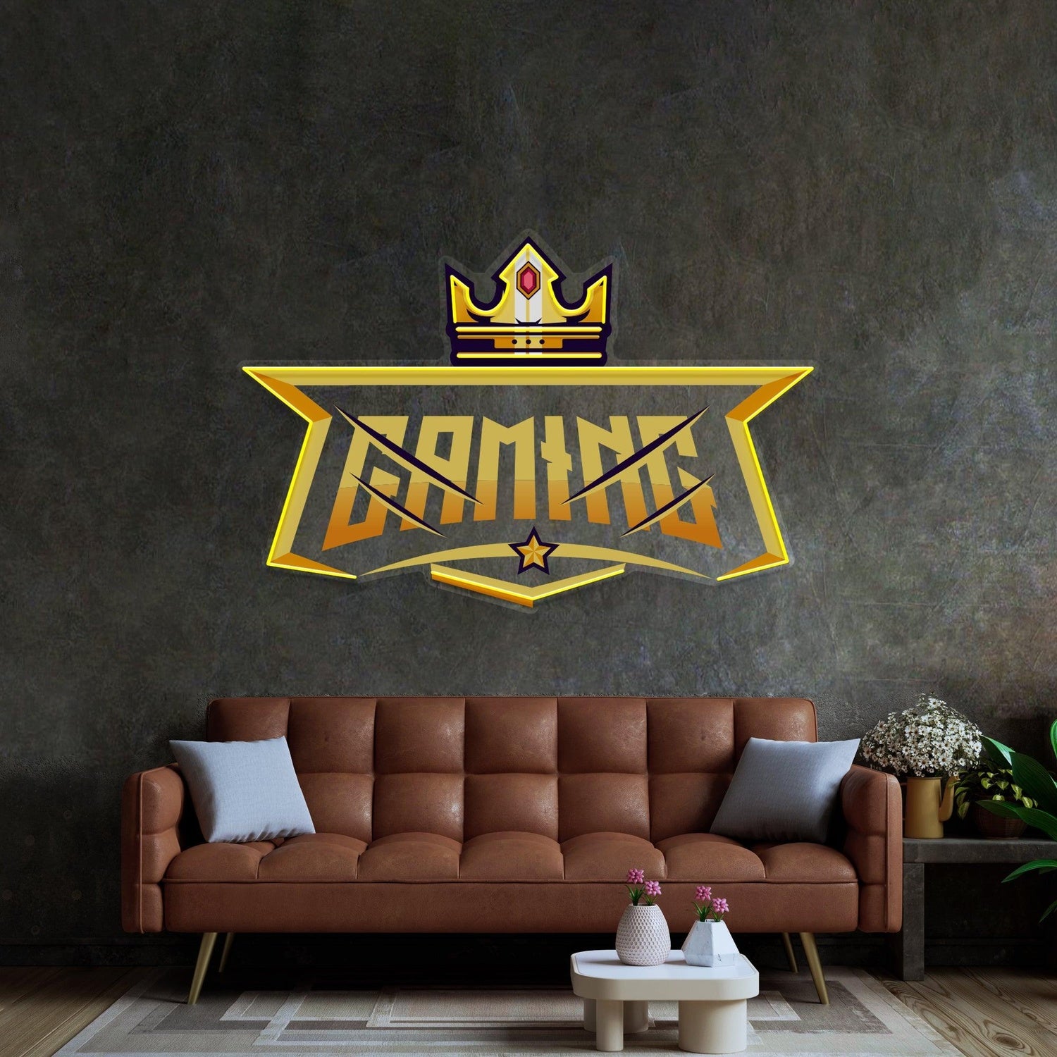 Crown Gaming Uv Printed Led Neon Sign With Yellow Glow And Red Star Accent For Gaming Room | Shineneon