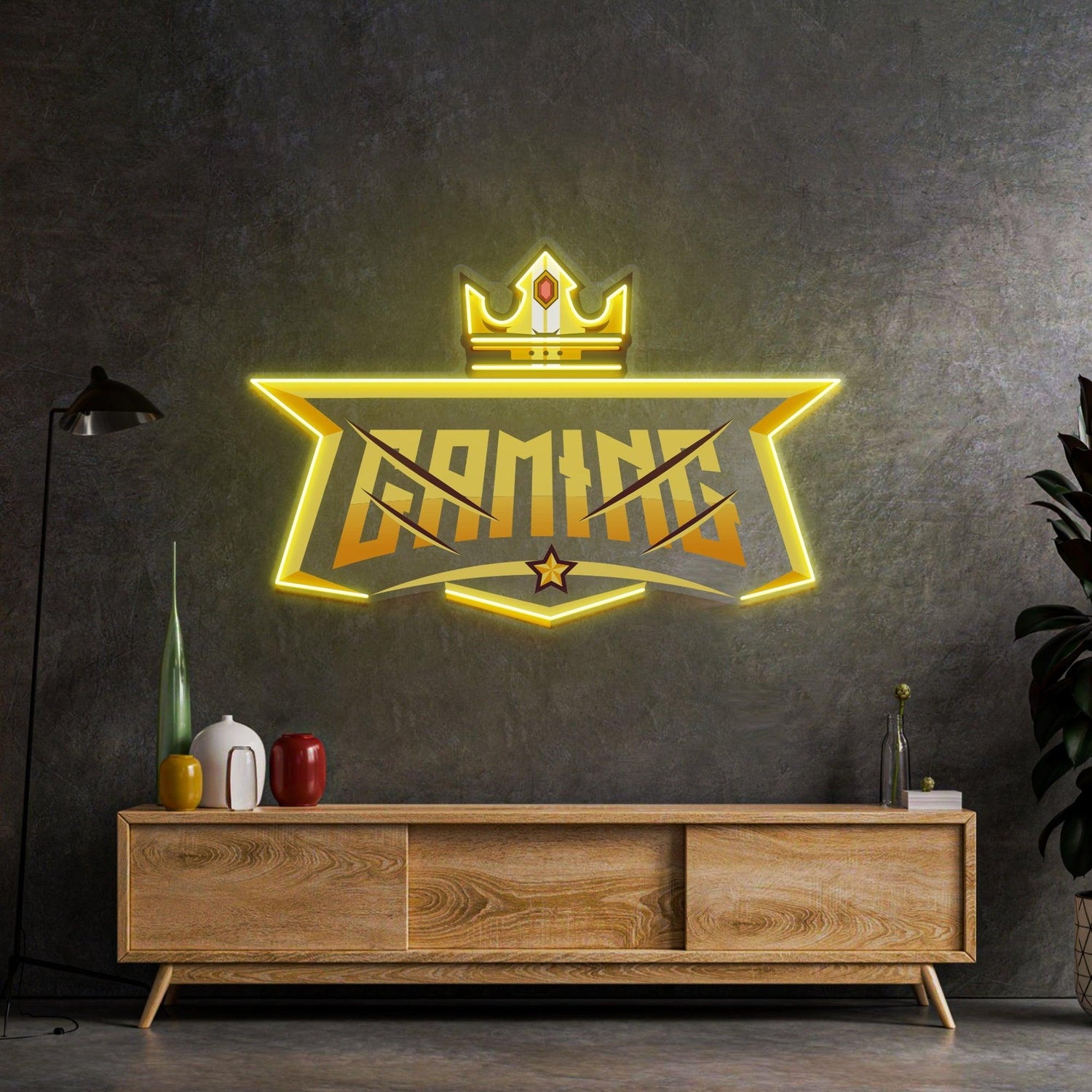 Crown Gaming Uv Printed Led Neon Sign With Yellow Glow And Red Star Accent For Gaming Room | Shineneon