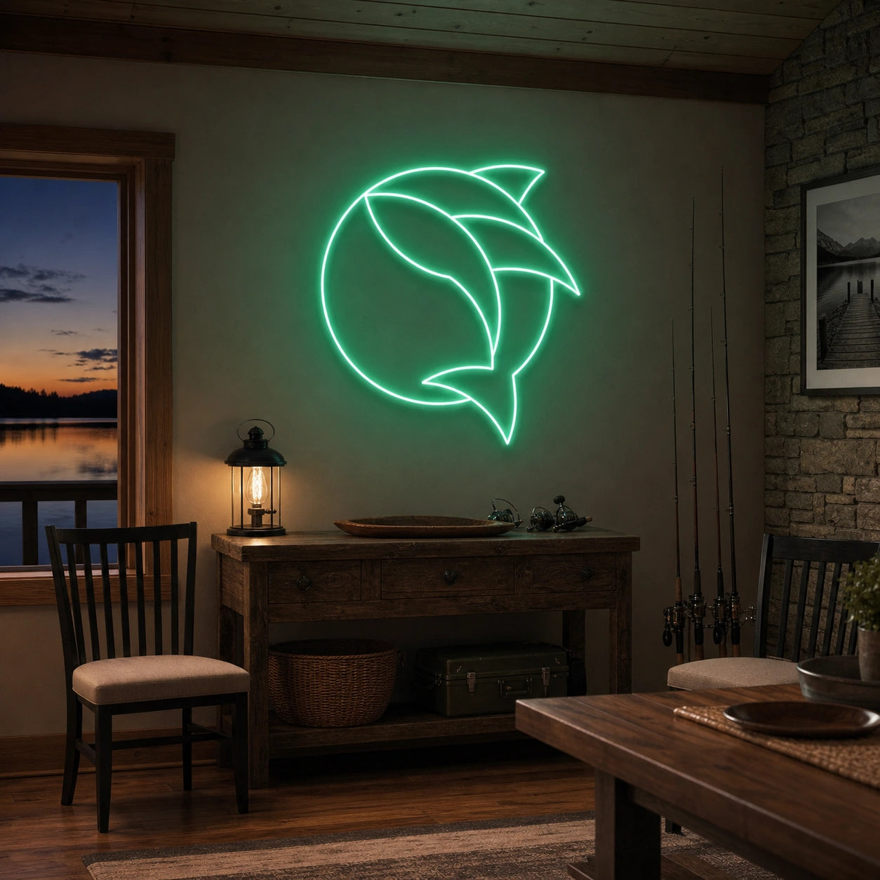 Curved Fish Inside Broken Circle LED Neon Sign Home Garage Wall Decoration real lifestyle scene