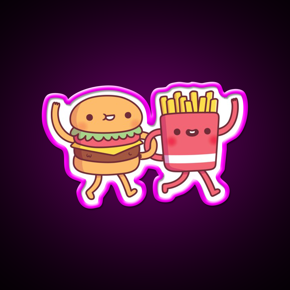Cute Burger And Fries Linking Fast Food Led Neon Sign For Burger Place Rgb Color
