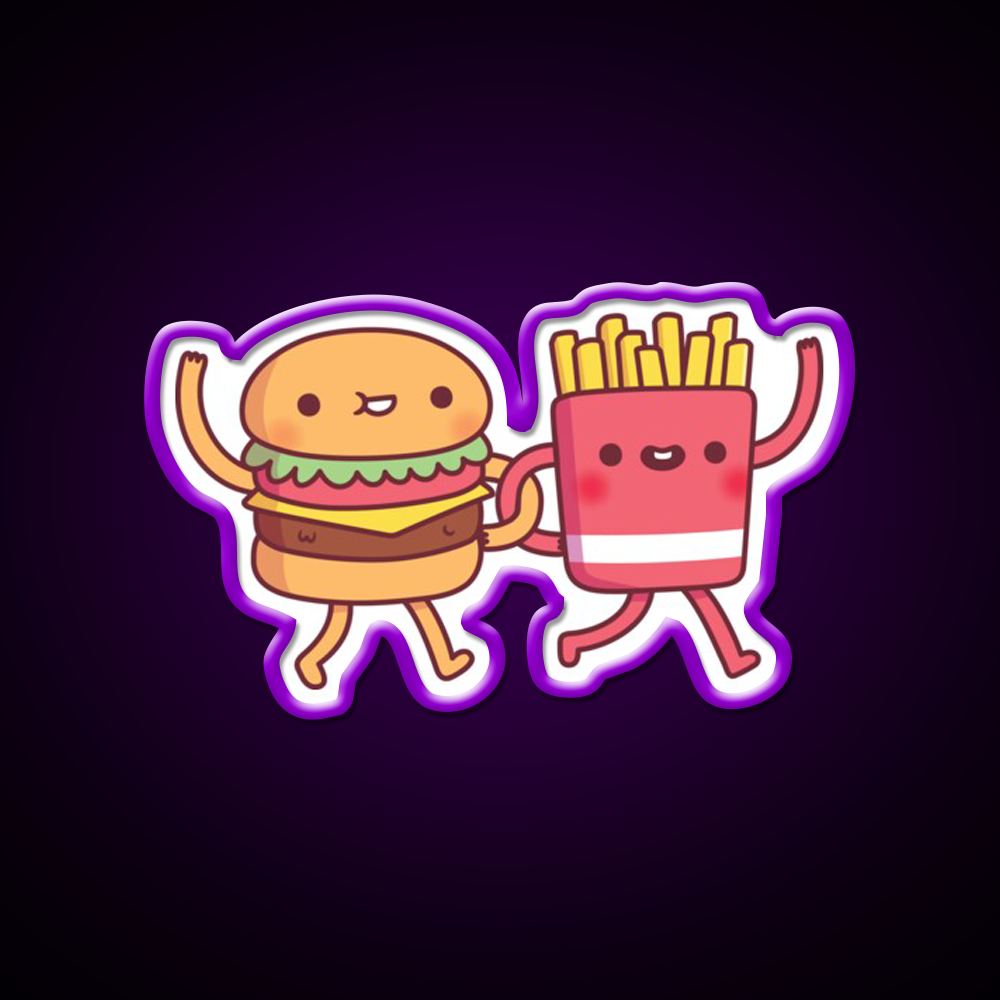 Cute Burger And Fries Linking Fast Food Led Neon Sign For Burger Place Rgb Color