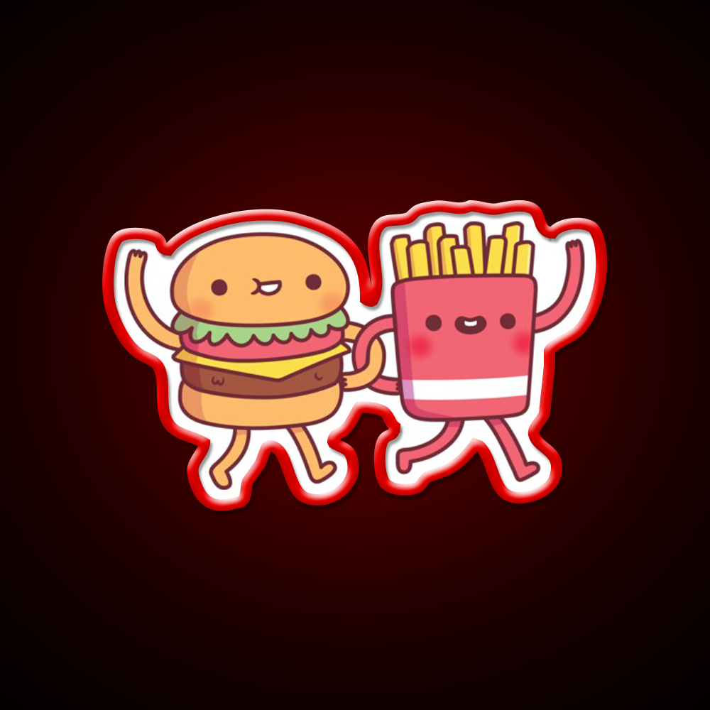 Cute Burger And Fries Linking Fast Food Led Neon Sign For Burger Place Rgb Color