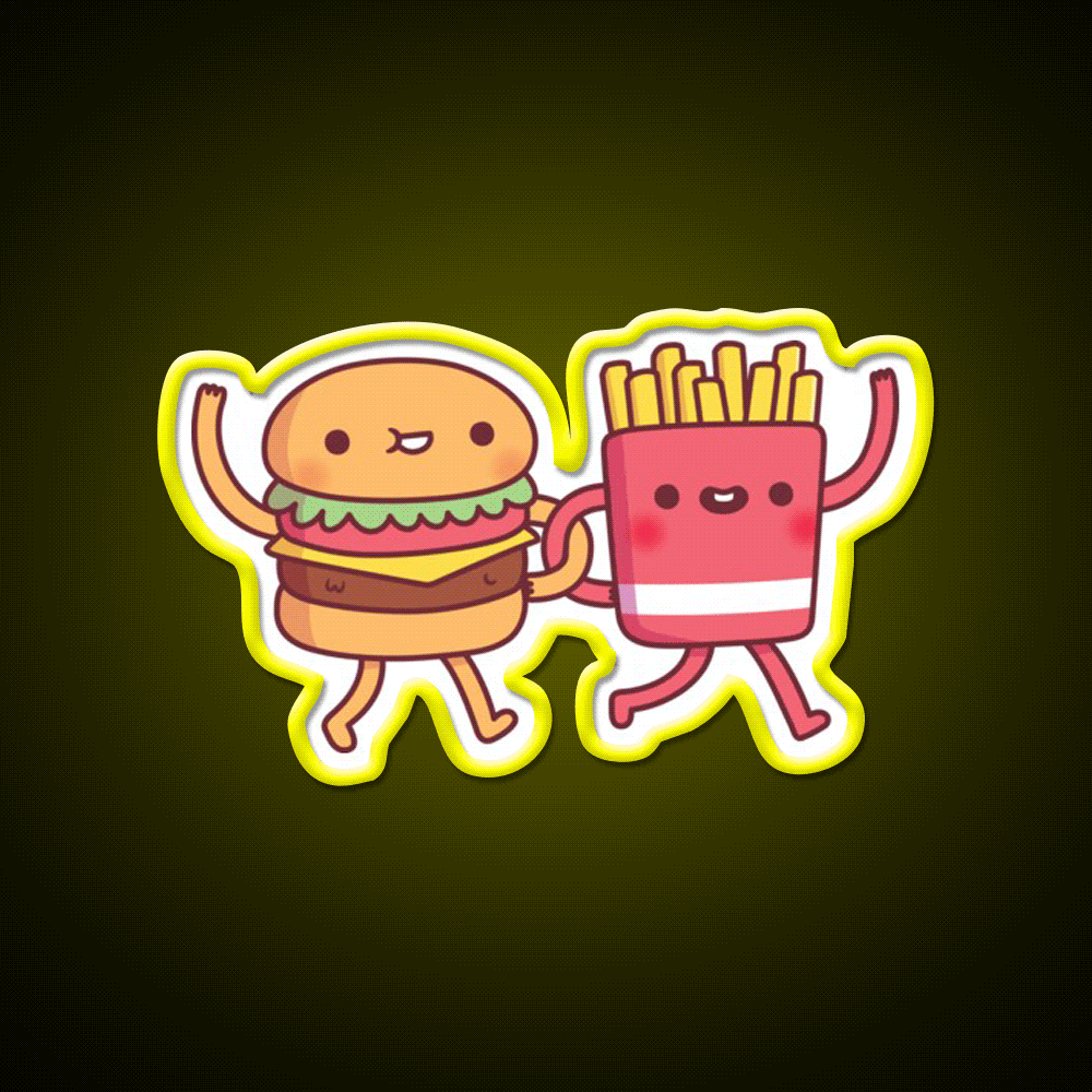 Cute Burger And Fries Linking Fast Food Led Neon Sign For Burger Place Rgb Color