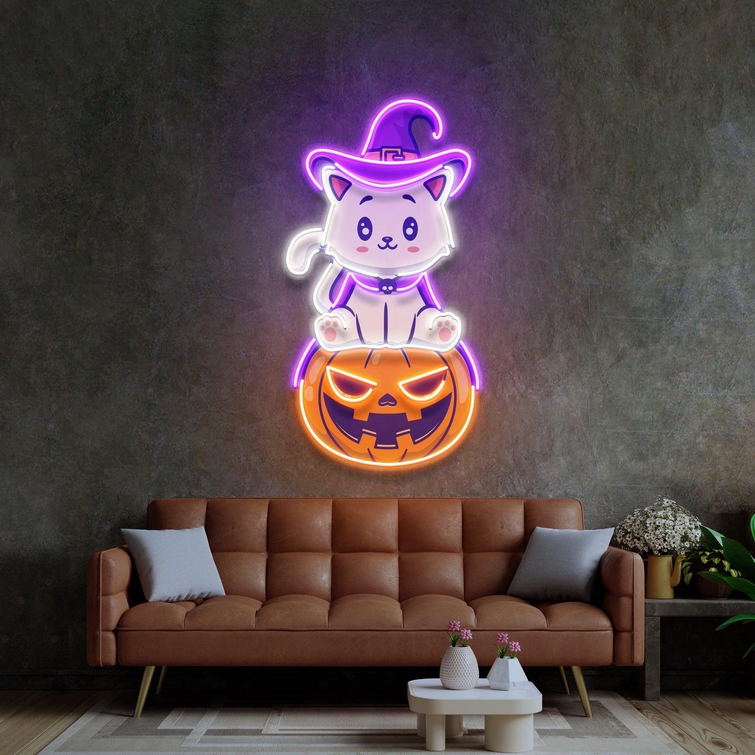 Cute Cartoon Cat On Pumpkin Halloween Uv Printed Led Neon Sign | Shineneon