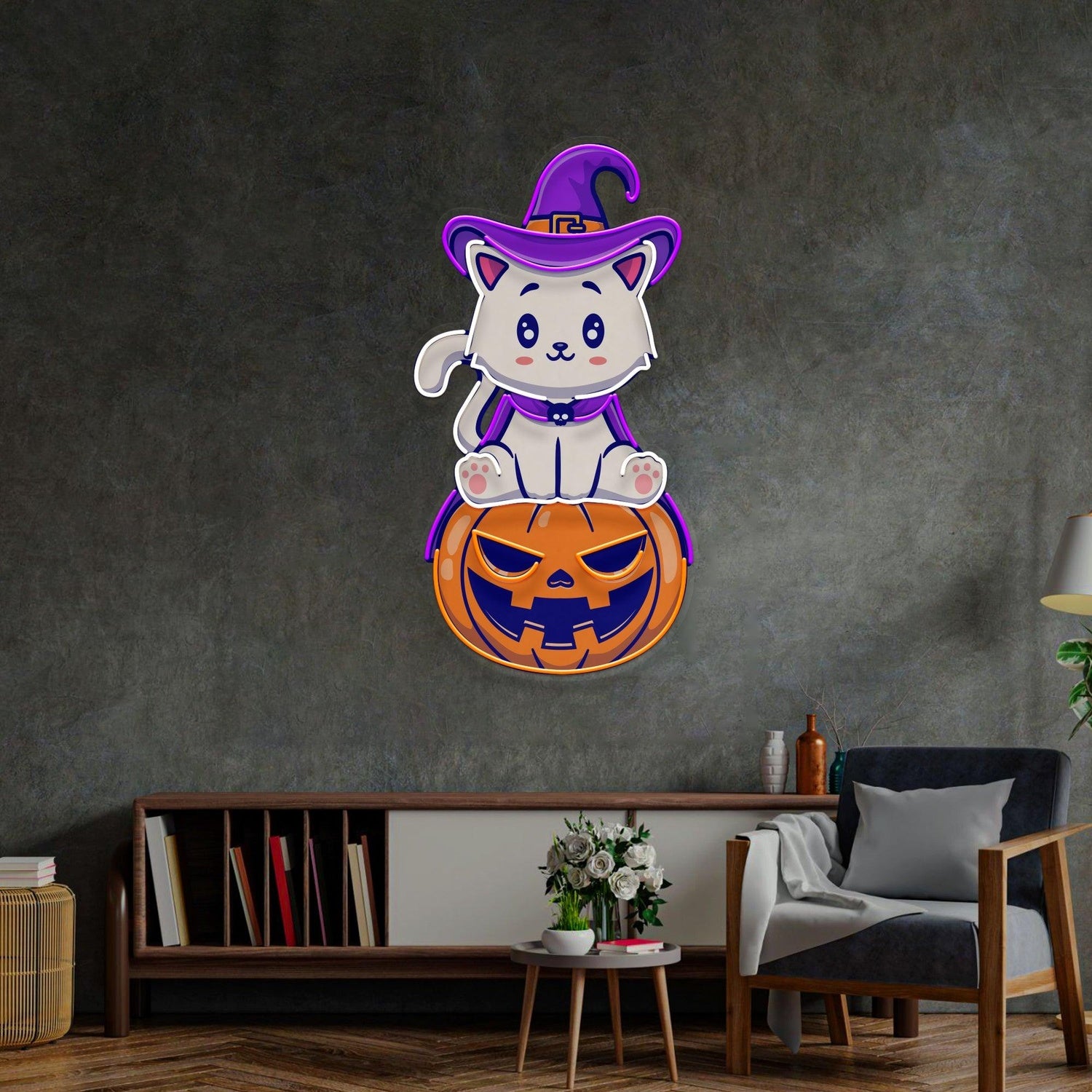 Cute Cartoon Cat On Pumpkin Halloween Uv Printed Led Neon Sign | Shineneon
