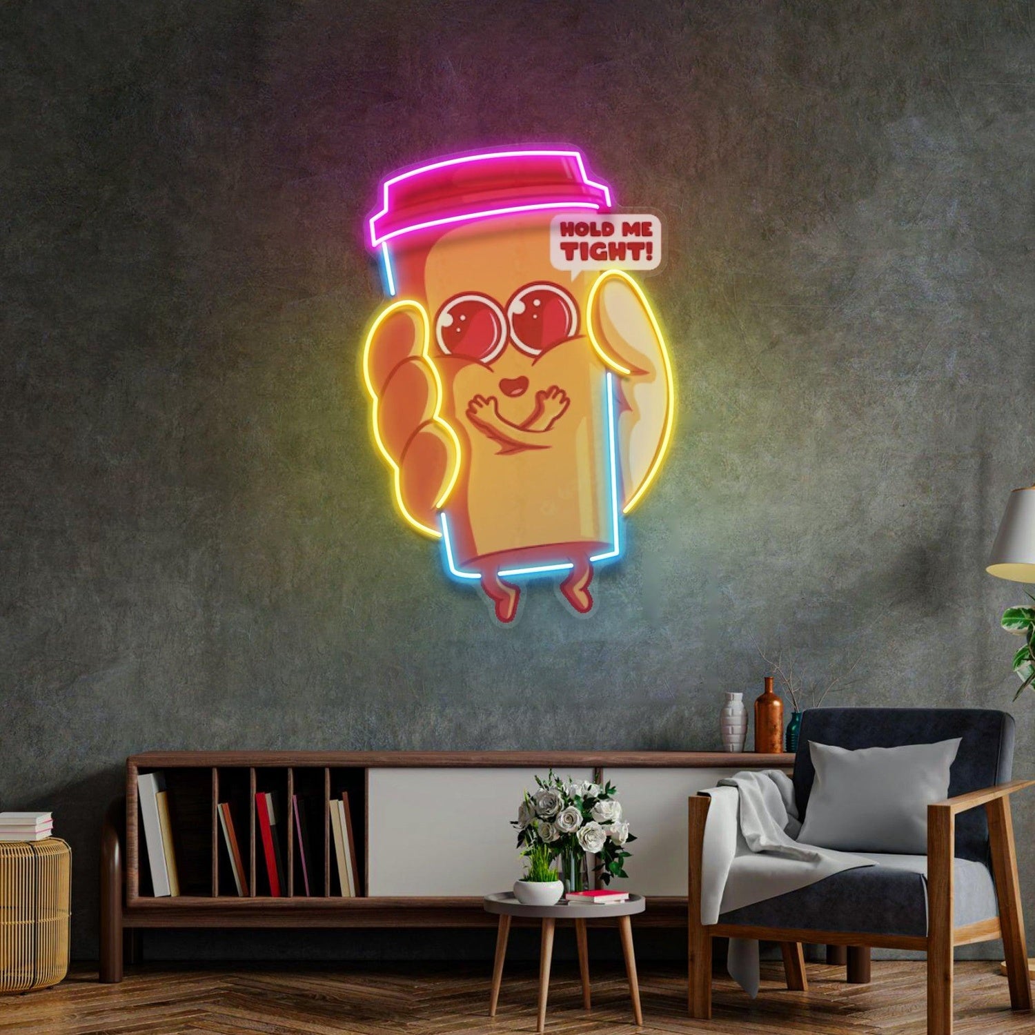 Cute Coffee Cup Hold Me Tight Uv Printed Led Neon Sign Cartoon Home Decor | Shineneon
