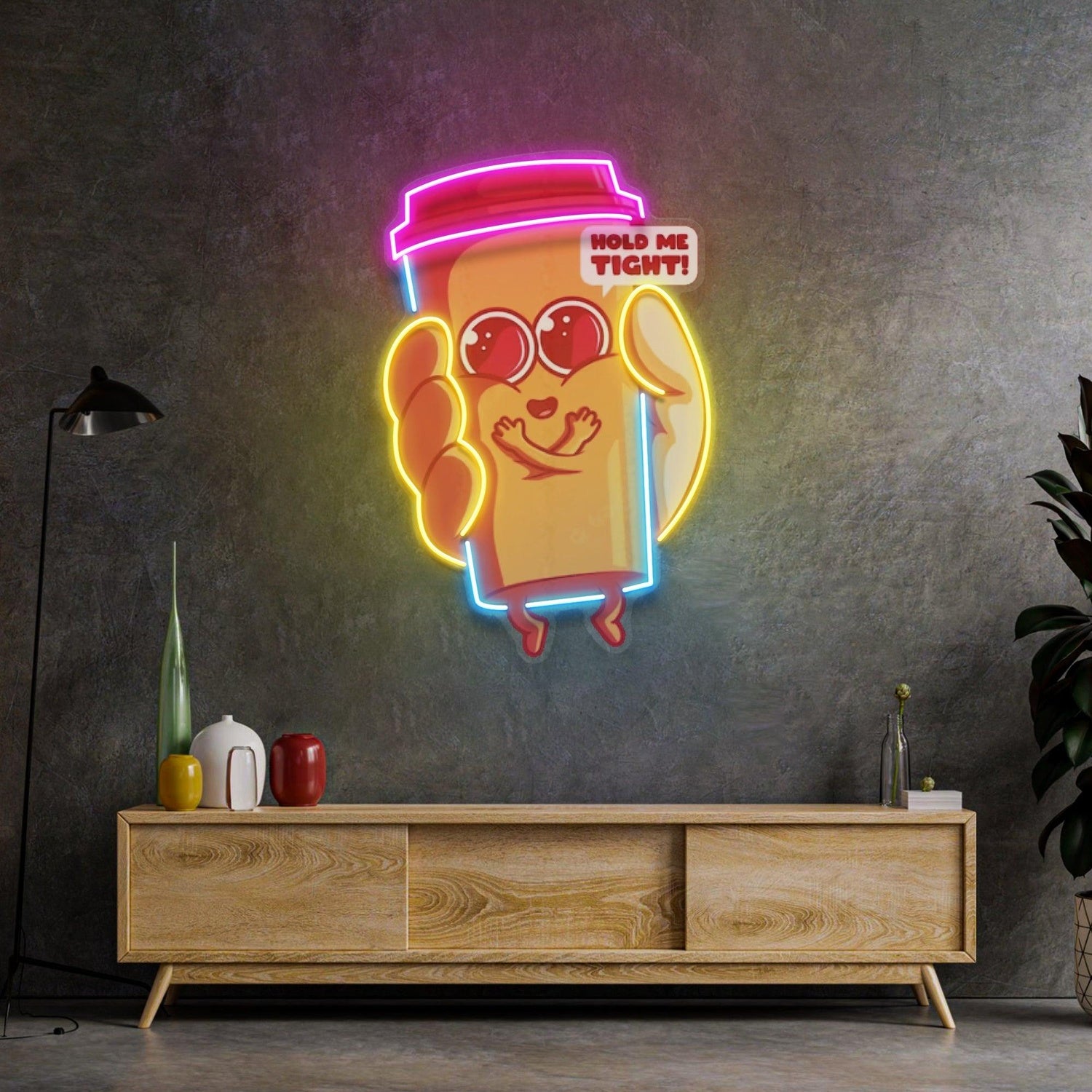 Cute Coffee Cup Hold Me Tight Uv Printed Led Neon Sign Cartoon Home Decor | Shineneon