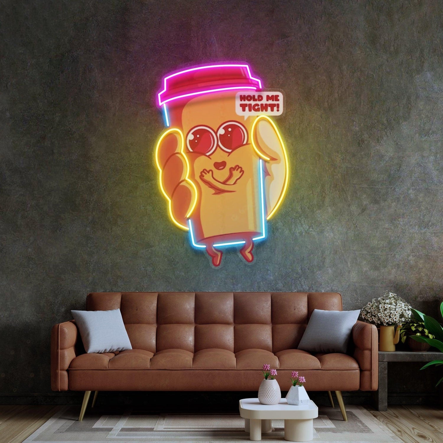 Cute Coffee Cup Hold Me Tight Uv Printed Led Neon Sign Cartoon Home Decor | Shineneon