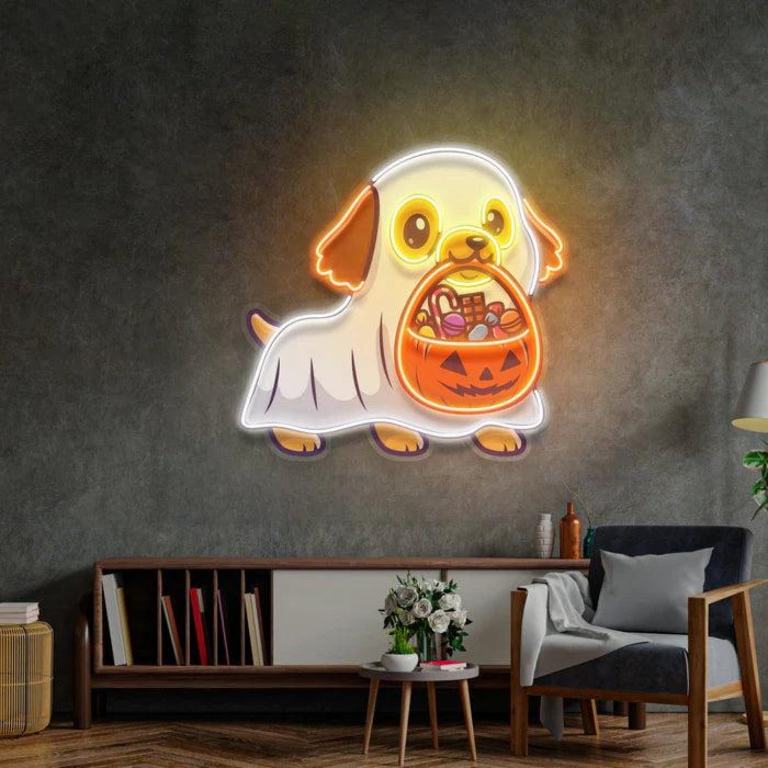 Cute Ghost Dog With Pumpkin Led Neon Sign Halloween Home Decor | Shineneon