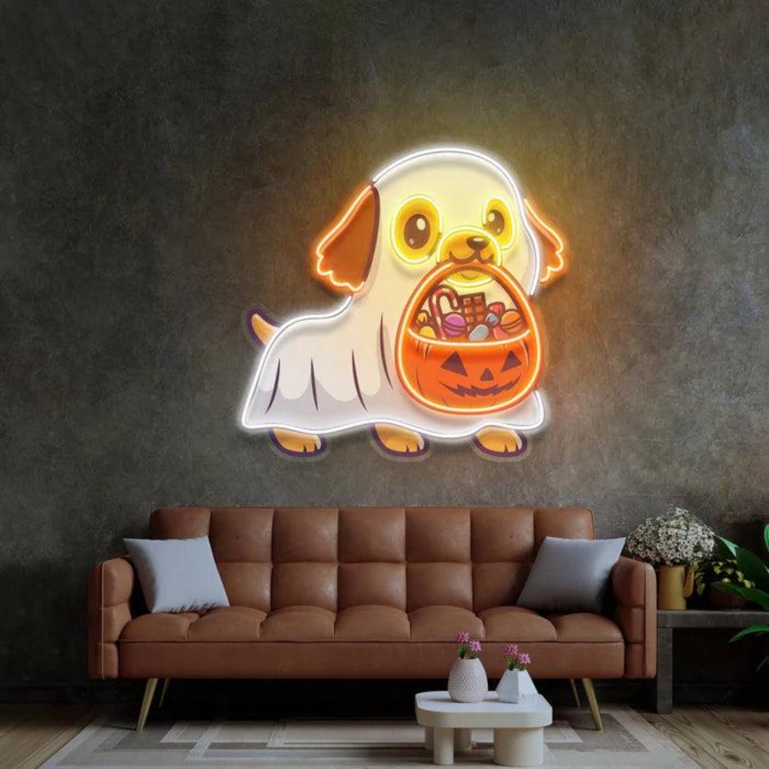 Cute Ghost Dog With Pumpkin Led Neon Sign Halloween Home Decor | Shineneon