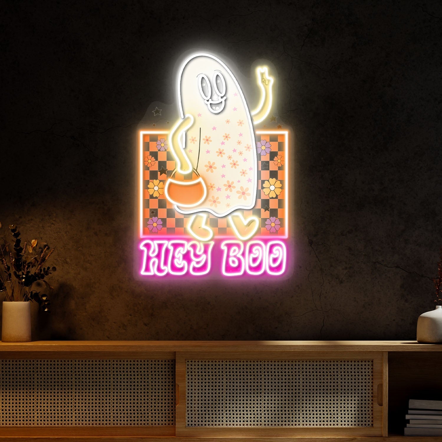 Cute Ghost Hey Boo Halloween Acrylic Led Neon Sign | Shineneon