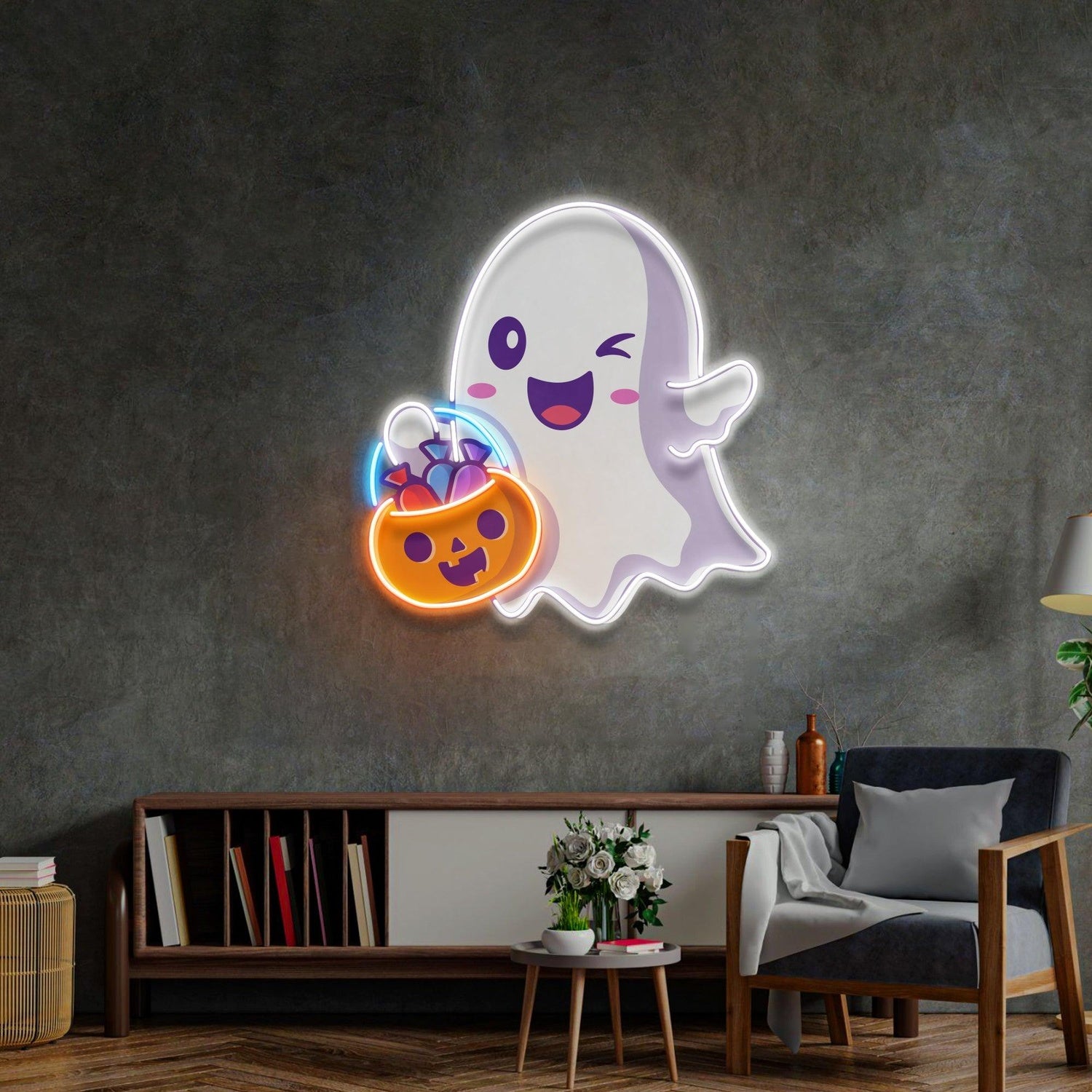 Cute Ghostface Giving Treats Purple Orange Uv Printed Led Neon Sign Halloween Decor | Shineneon