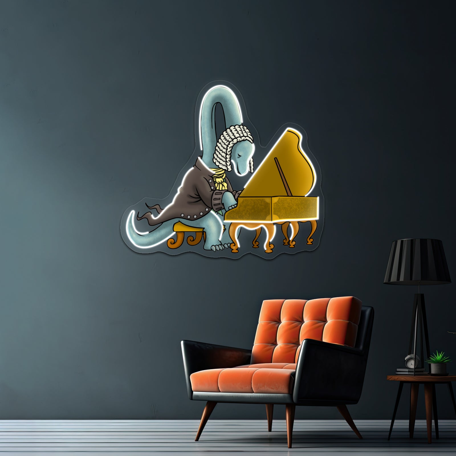 Cute Musician Dinosaur Playing Piano Artwork Led Neon Sign