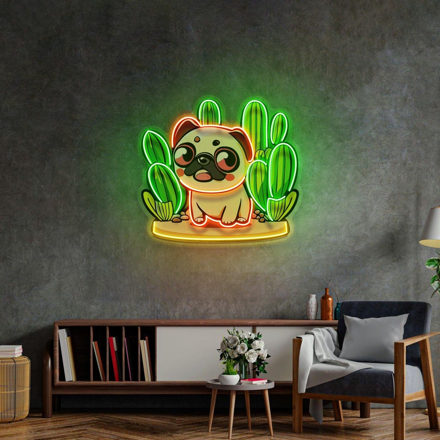 Cute-Pug-Desert-Cactus-Multi-Color-Led-Neon-Sign-Home-Wall-Decor | Shineneon