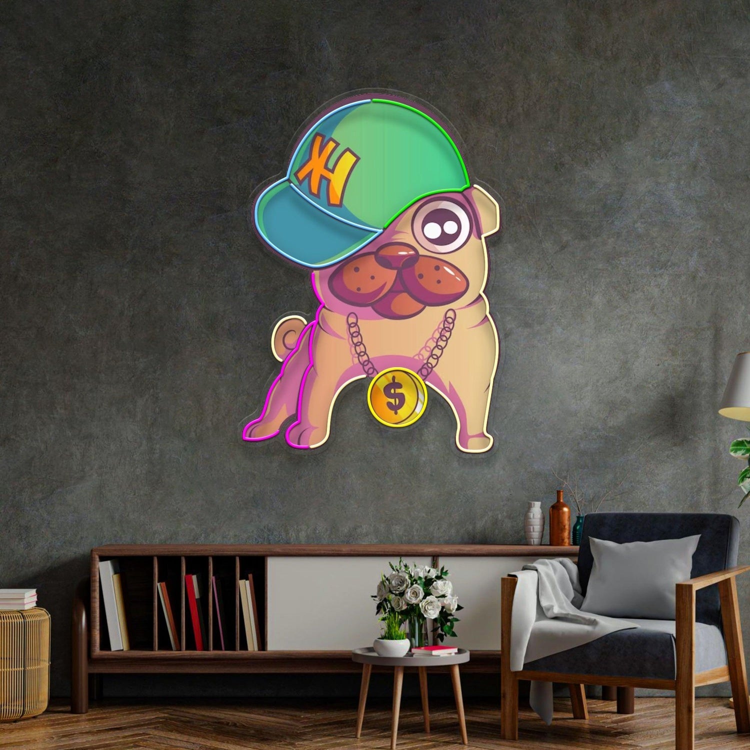 Cute Pug Multicolor Cartoon Dog Uv Printed Led Neon Sign For Indoor Wall Decor | Shineneon