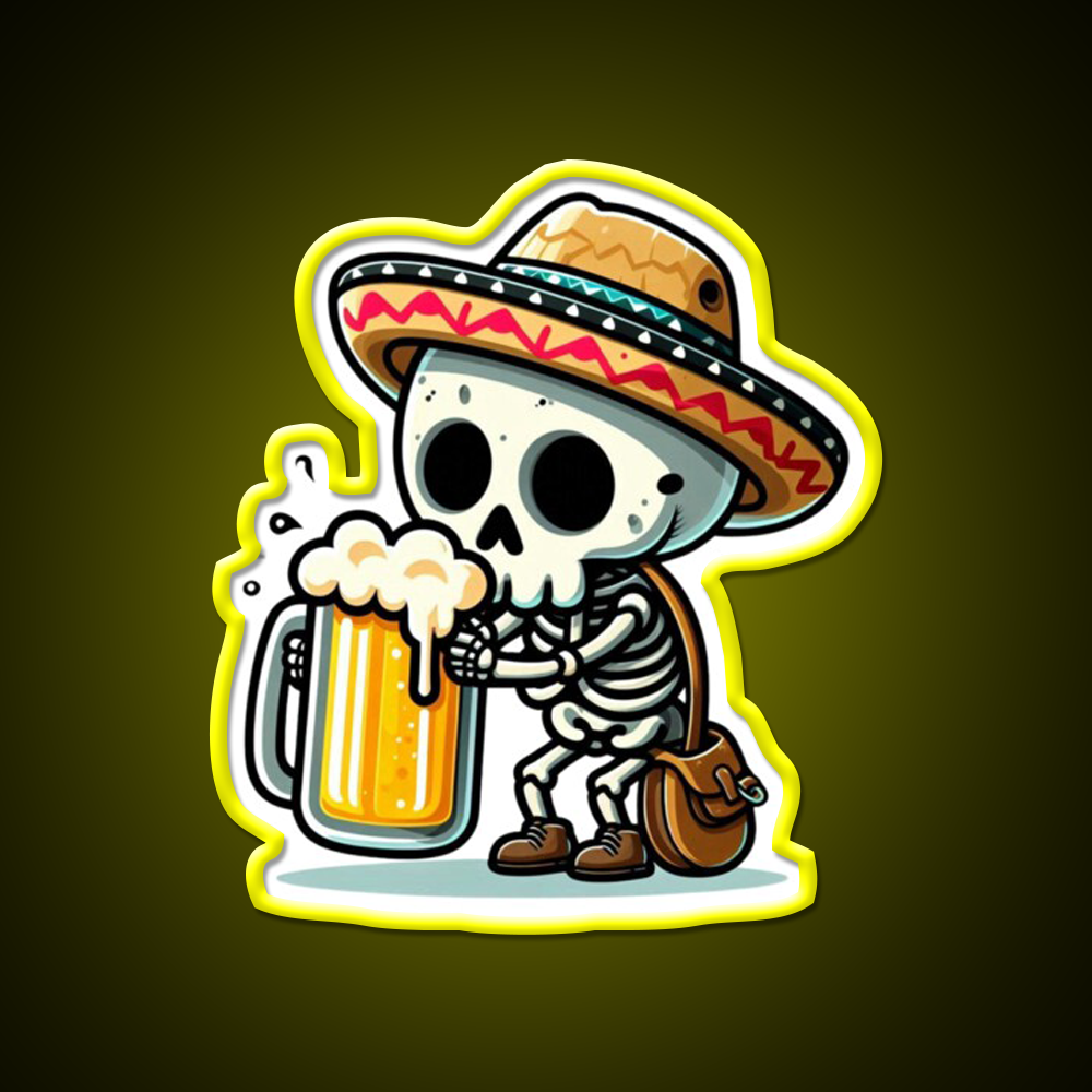 Cute Skeleton Holding A Beer With Mexican Hat Beer Bar Decor Led Neon Sign Rgb Color - LED neon sign view 7