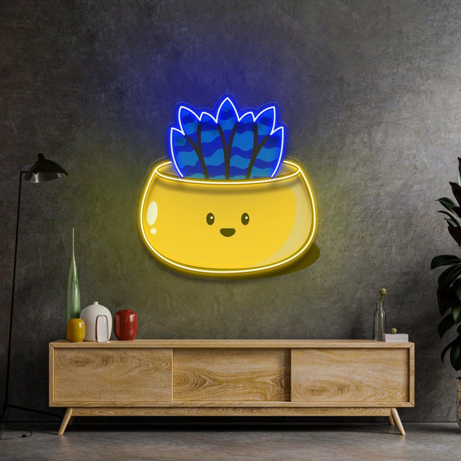 Cute Smiling Cactus Yellow Blue Uv Printed Led Neon Sign For Indoor Decor | Shineneon