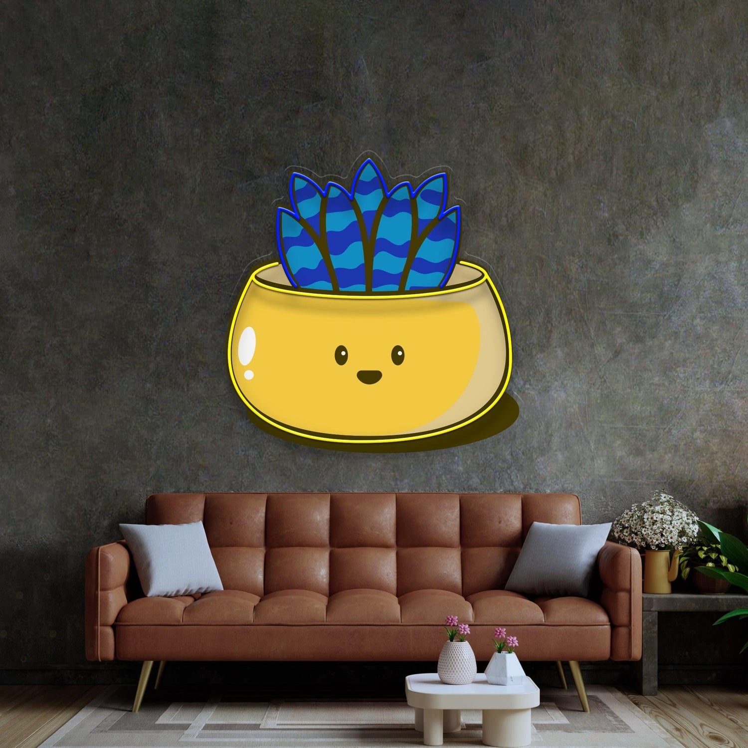 Cute Smiling Cactus Yellow Blue Uv Printed Led Neon Sign For Indoor Decor | Shineneon