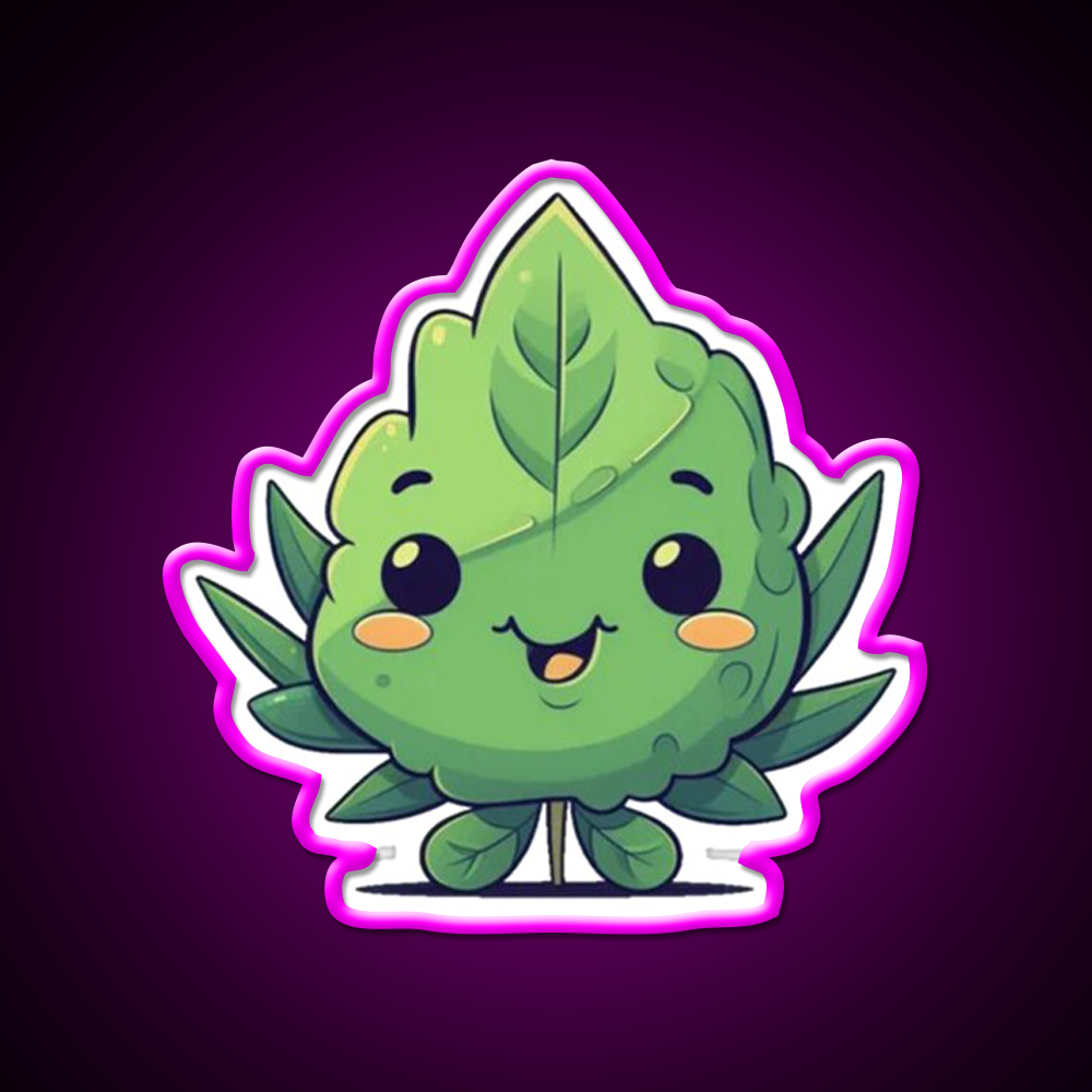 Cute Weed Nug Hemp Inspired Green Leaf Led Neon Sign Rgb Color - Neon sign mounted on wall in room