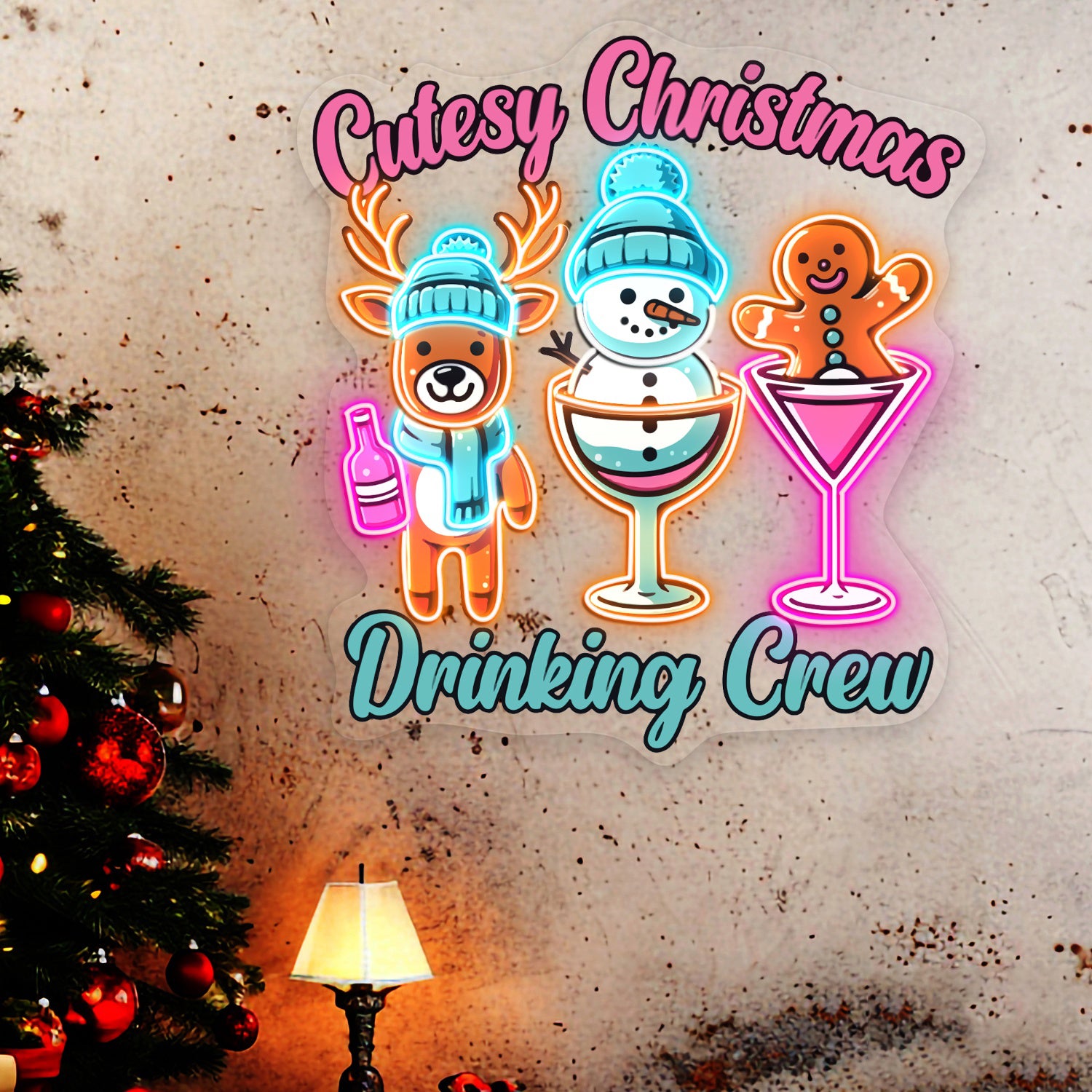 Cutesy Christmas Drinking Crew Acrylic Led Neon Sign | Shineneon