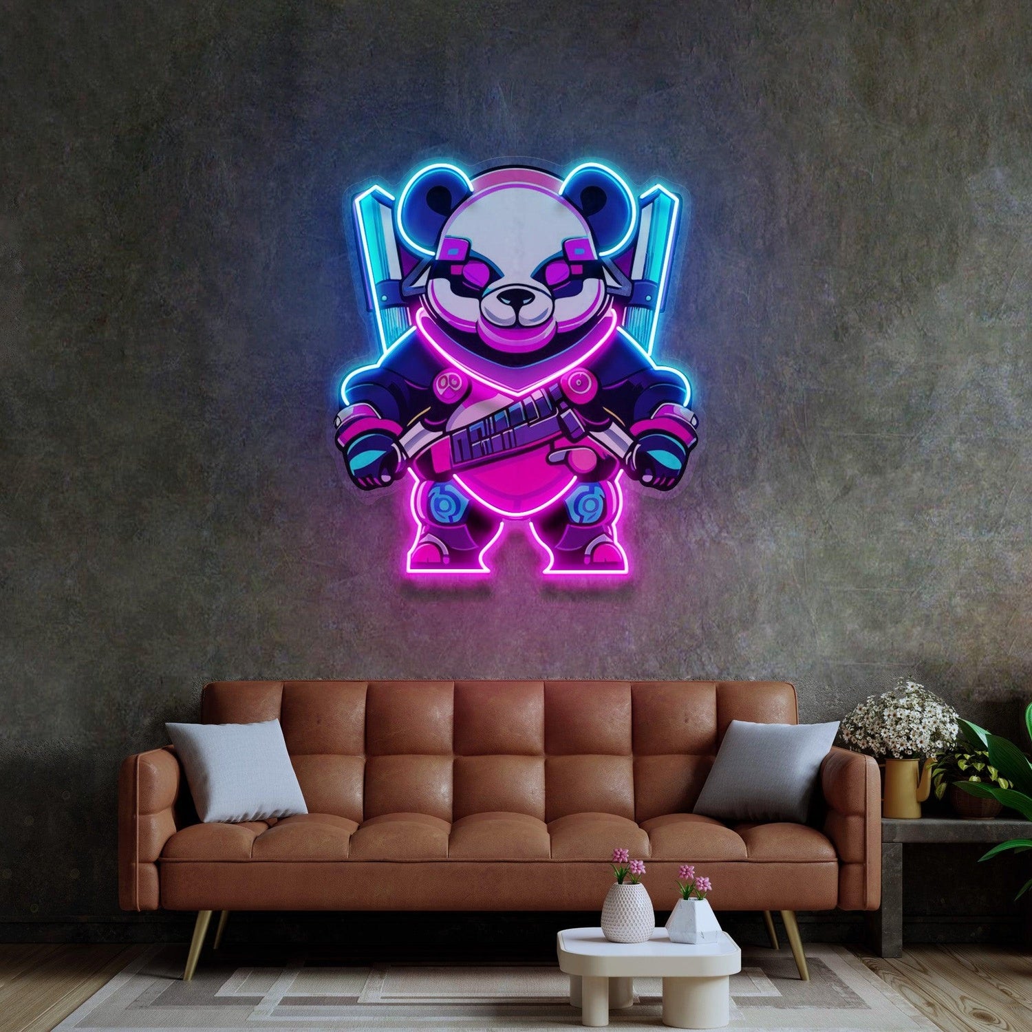 Cyber Panda Warrior Uv Printed Led Neon Sign With Blue Pink Purple For Home Decor | Shineneon
