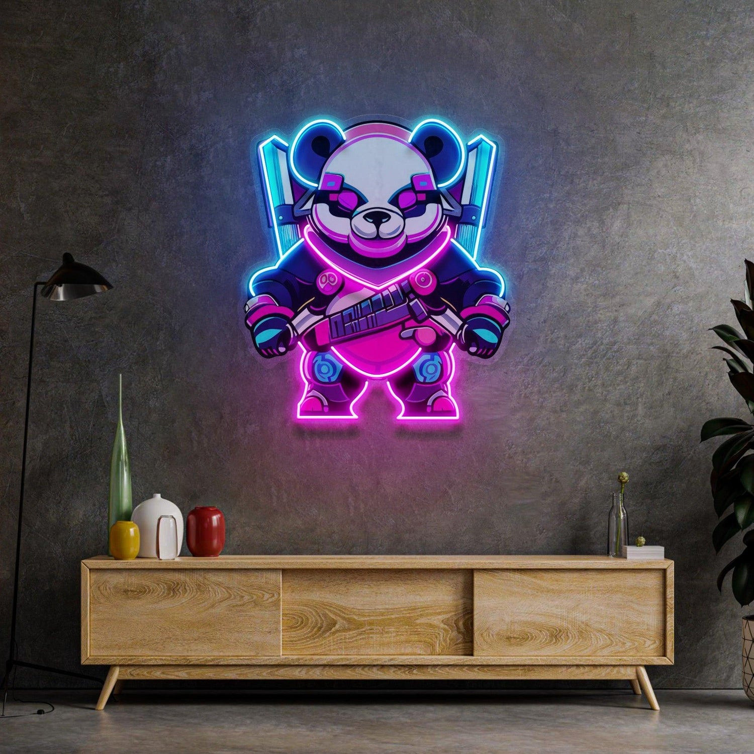Cyber Panda Warrior Uv Printed Led Neon Sign With Blue Pink Purple For Home Decor | Shineneon